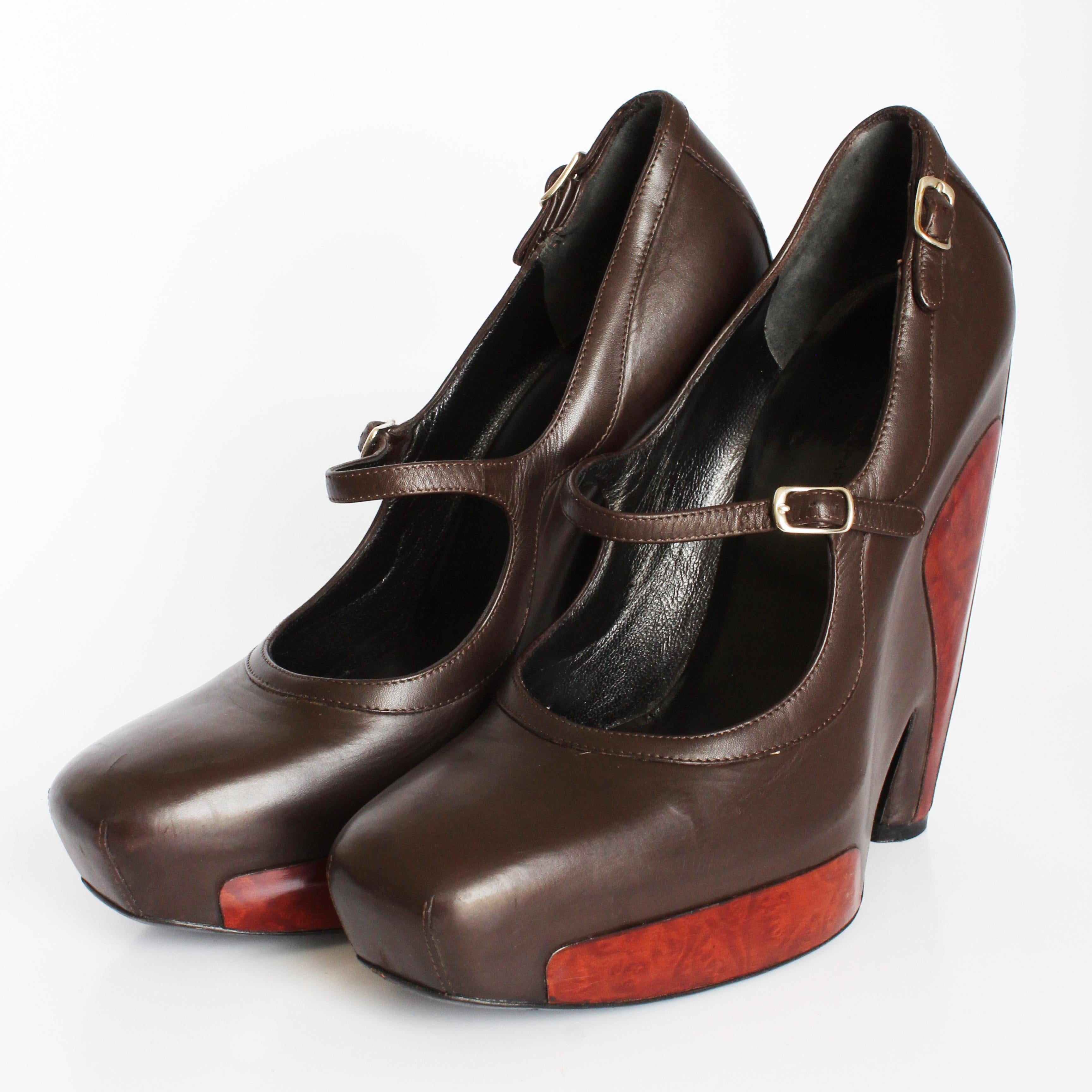 Balenciaga Platforms Mary Janes Brown Leather Polished Wood Sz 8 F/W 2006 HTF For Sale 1