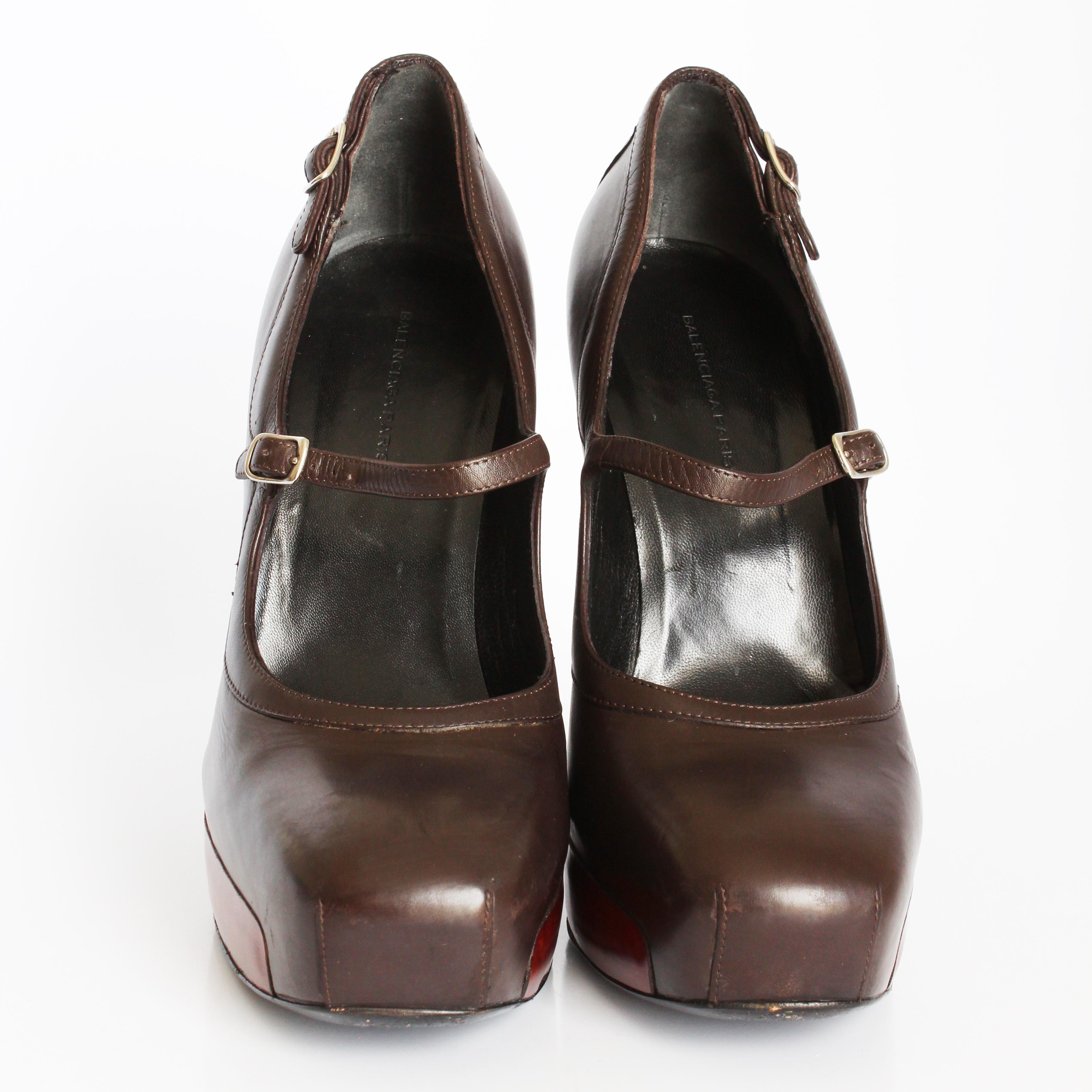 Balenciaga Platforms Mary Janes Brown Leather Polished Wood Sz 8 F/W 2006 HTF For Sale 2