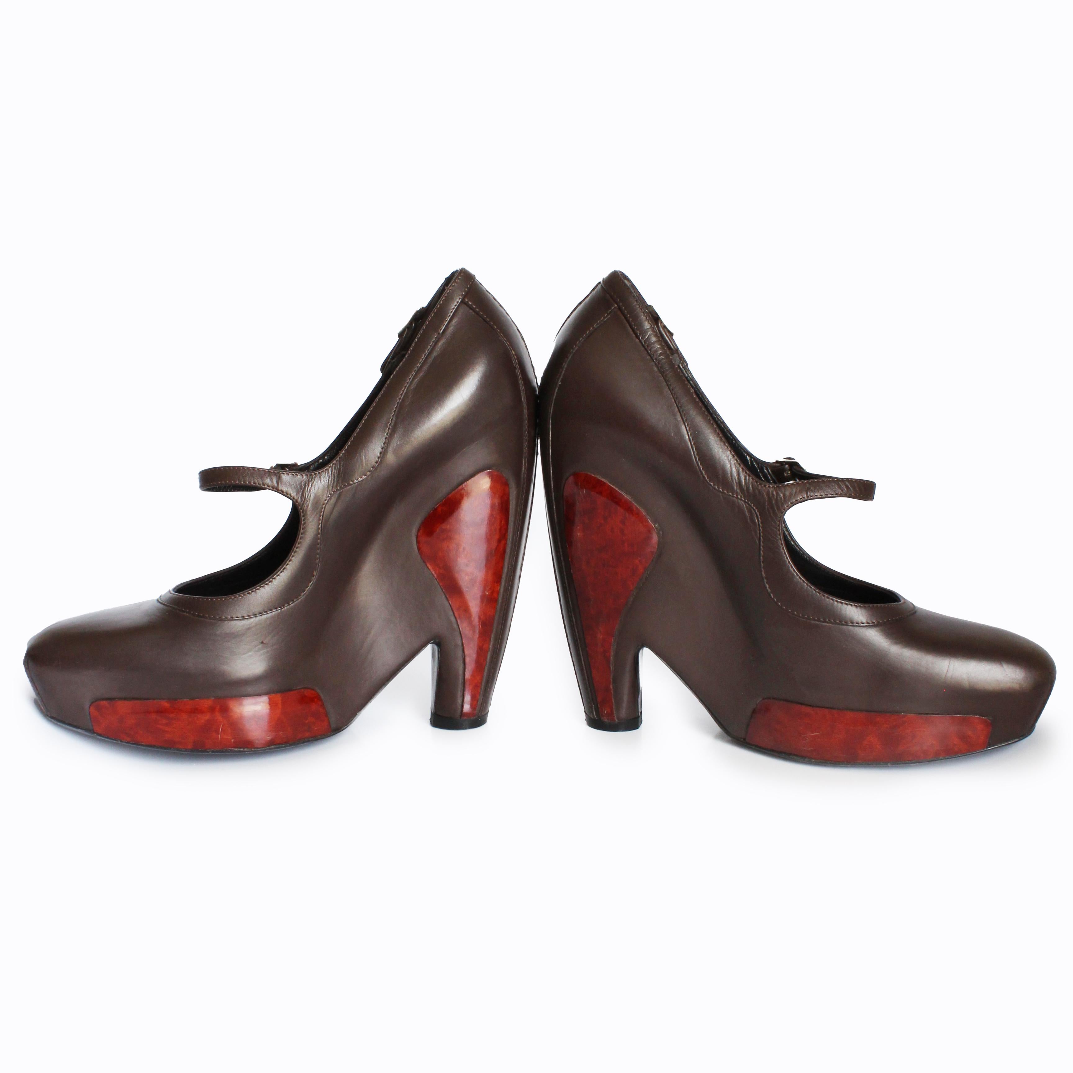 Balenciaga Platforms Mary Janes Brown Leather Polished Wood Sz 8 F/W 2006 HTF For Sale 3