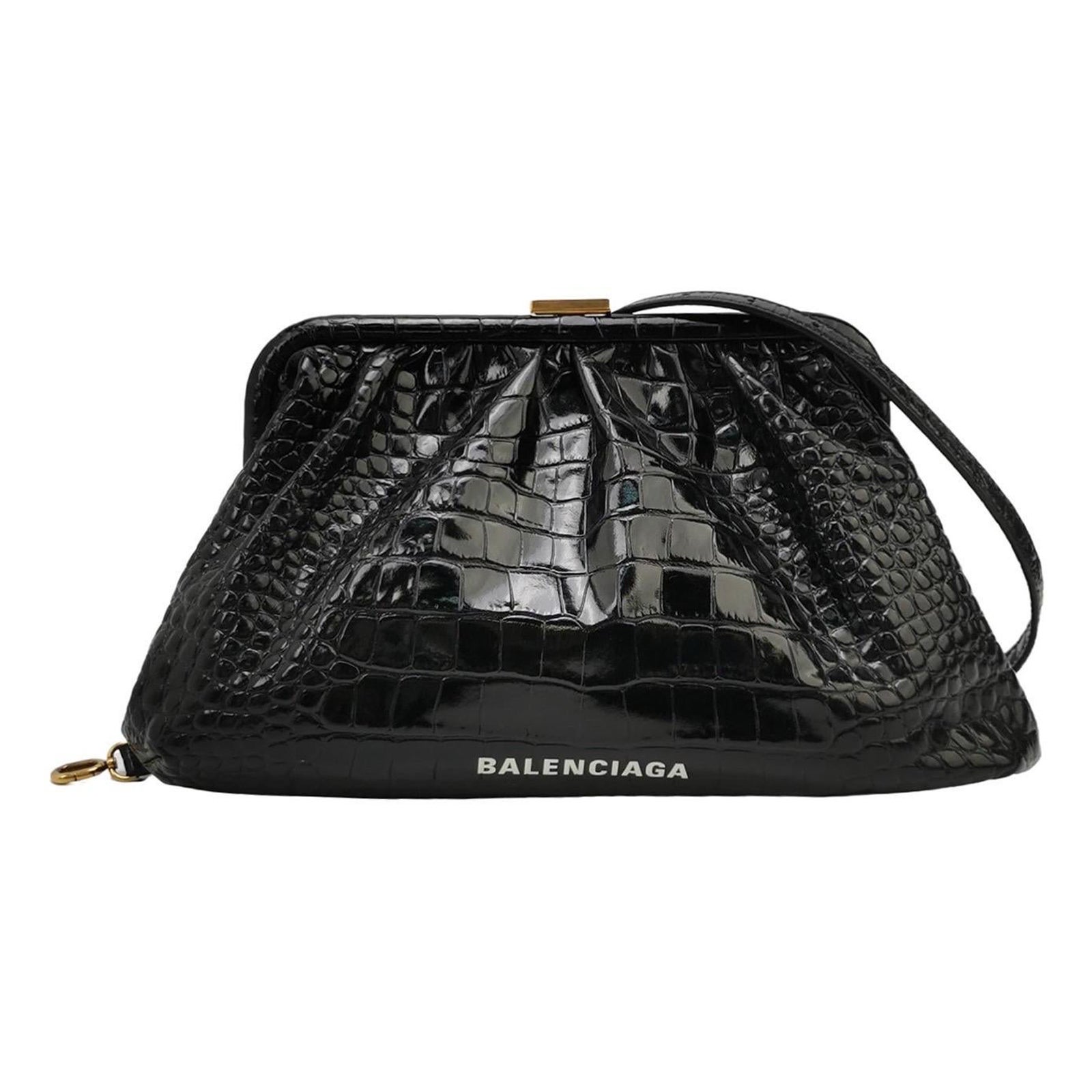 Balenciaga - Marsupio in pelle di vitello lucida con motivo a coccodrillo nero e tracolla