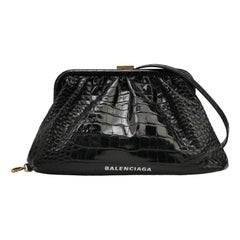 Balenciaga Pouch Black Crocodile Pattern Shiny Calfskin Leather With Strap