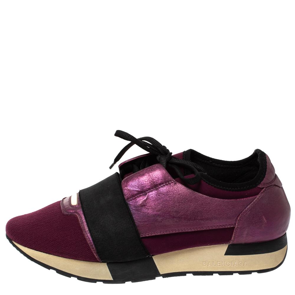 Balenciaga Purple/Black Neoprene and Leather Race Runner Sneakers Size 39 In Good Condition For Sale In Dubai, Al Qouz 2