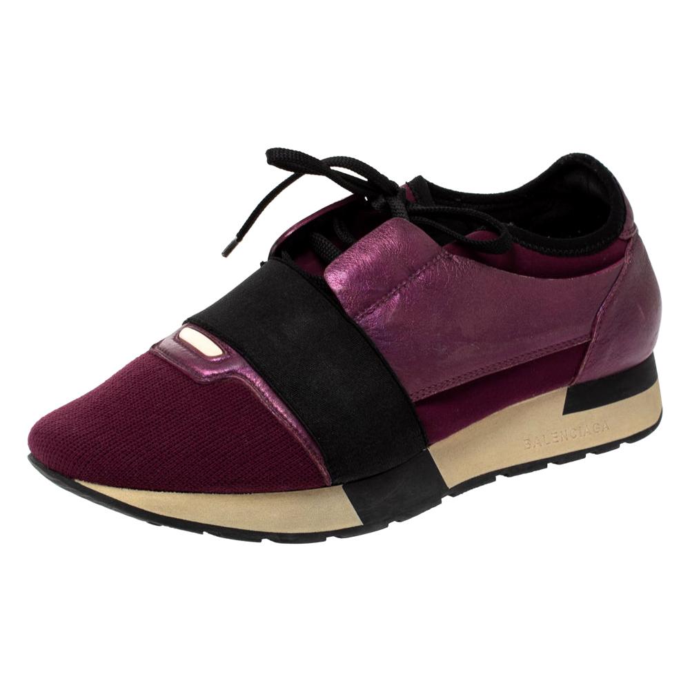 Balenciaga Purple/Black Neoprene and Leather Race Runner Sneakers Size 39 For Sale