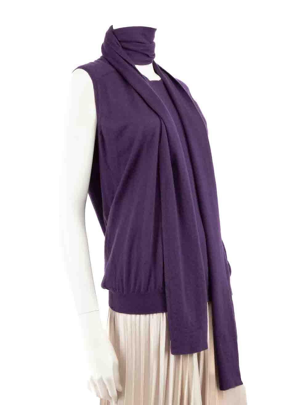 CONDITION is Very good. Hardly any visible wear to top is evident on this used Balenciaga designer resale item.
 
 Details
 Purple
 Cashmere
 Knit top
 Sleeveless
 Round neck
 Attached scarf
 
 
 Made in Italy
 
 Composition
 100% Cashmere
 
 Care