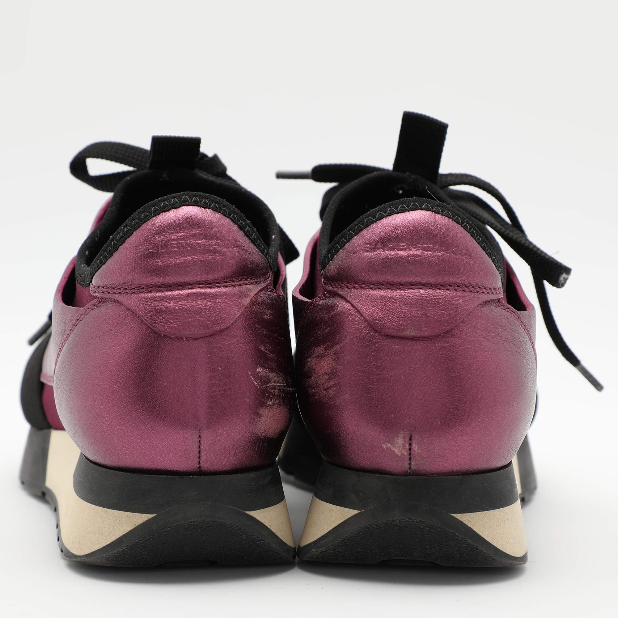 De las mujeres Balenciaga Zapatillas Race Runner de tejido de punto morado y piel Talla 36 en venta