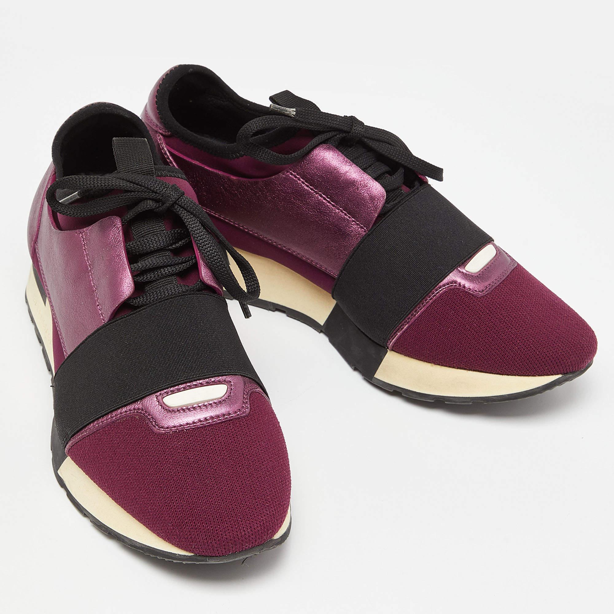 Balenciaga Purple Leather and Neoprene Race Runner Sneakers Size 38 In Good Condition For Sale In Dubai, Al Qouz 2