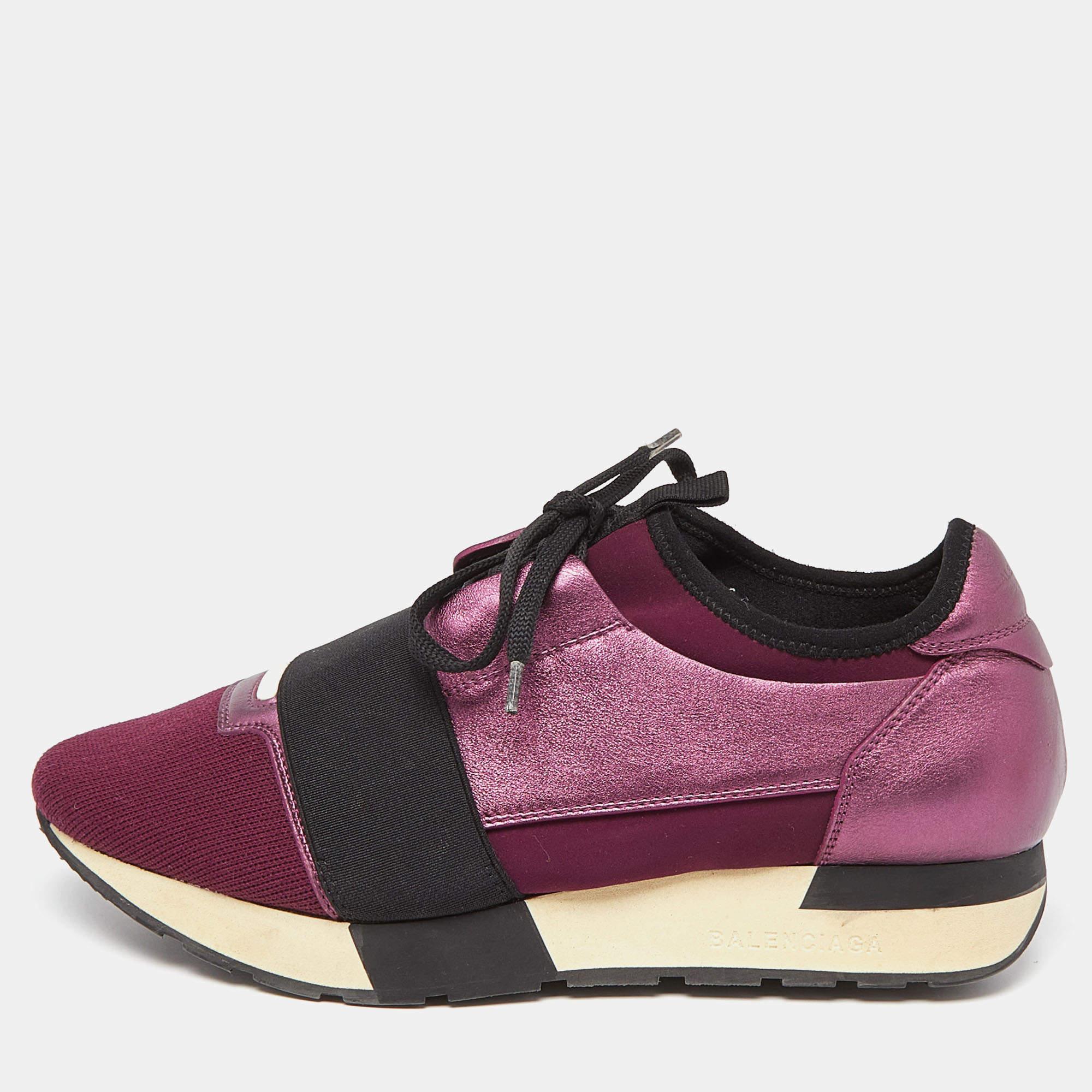 Women's Balenciaga Purple Leather and Neoprene Race Runner Sneakers Size 38 For Sale