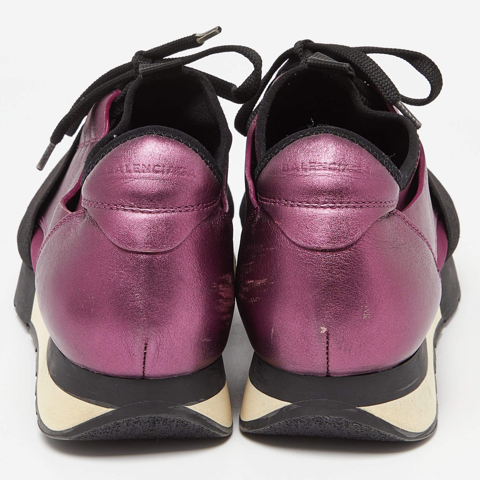 Balenciaga Purple Leather and Neoprene Race Runner Sneakers Size 38 For Sale 3