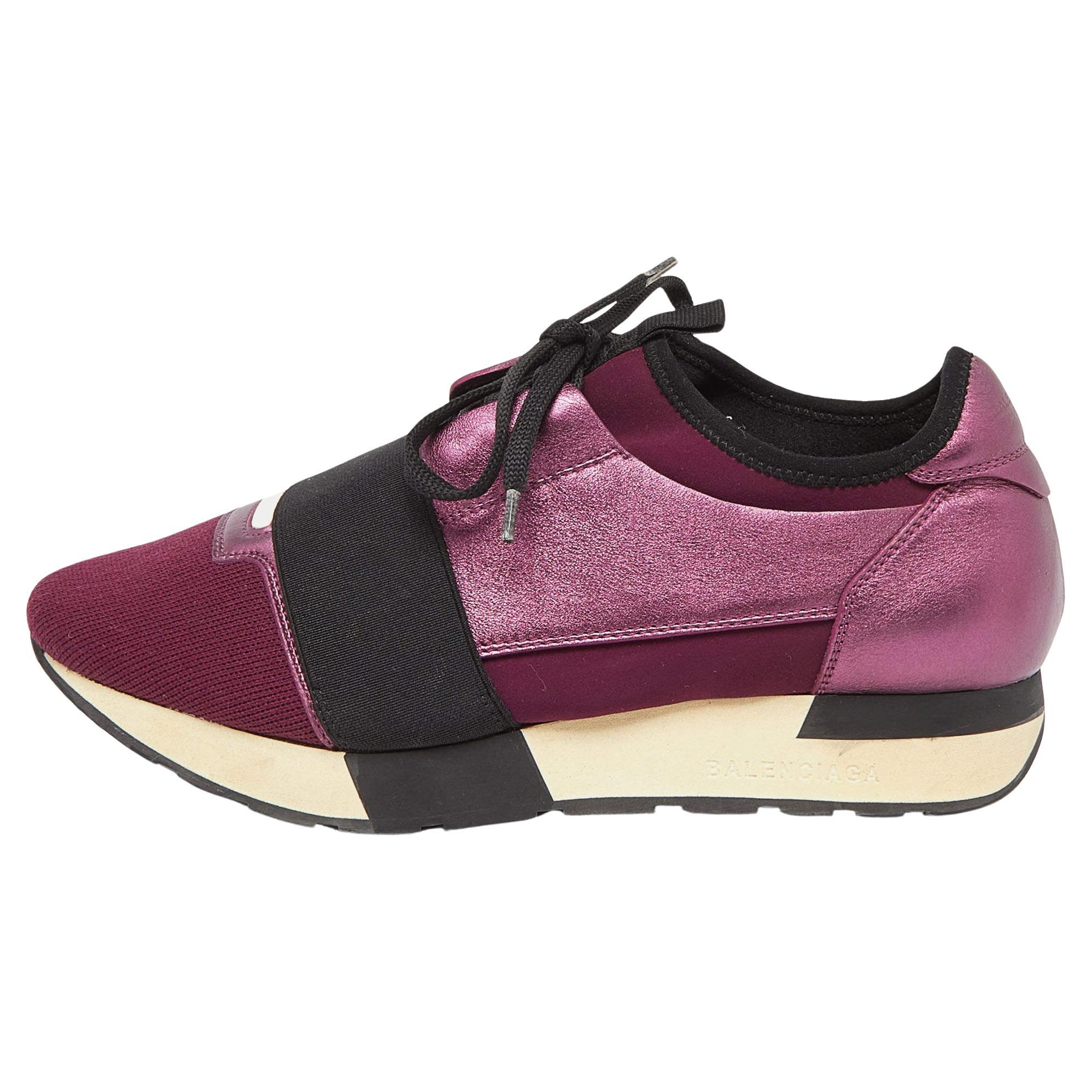 Balenciaga Purple Leather and Neoprene Race Runner Sneakers Size 38 For Sale