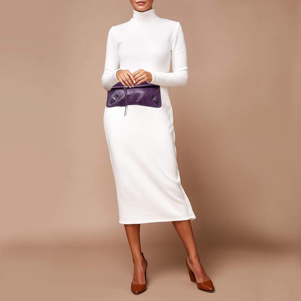 Gray Balenciaga Purple Leather Classic Envelope Clutch