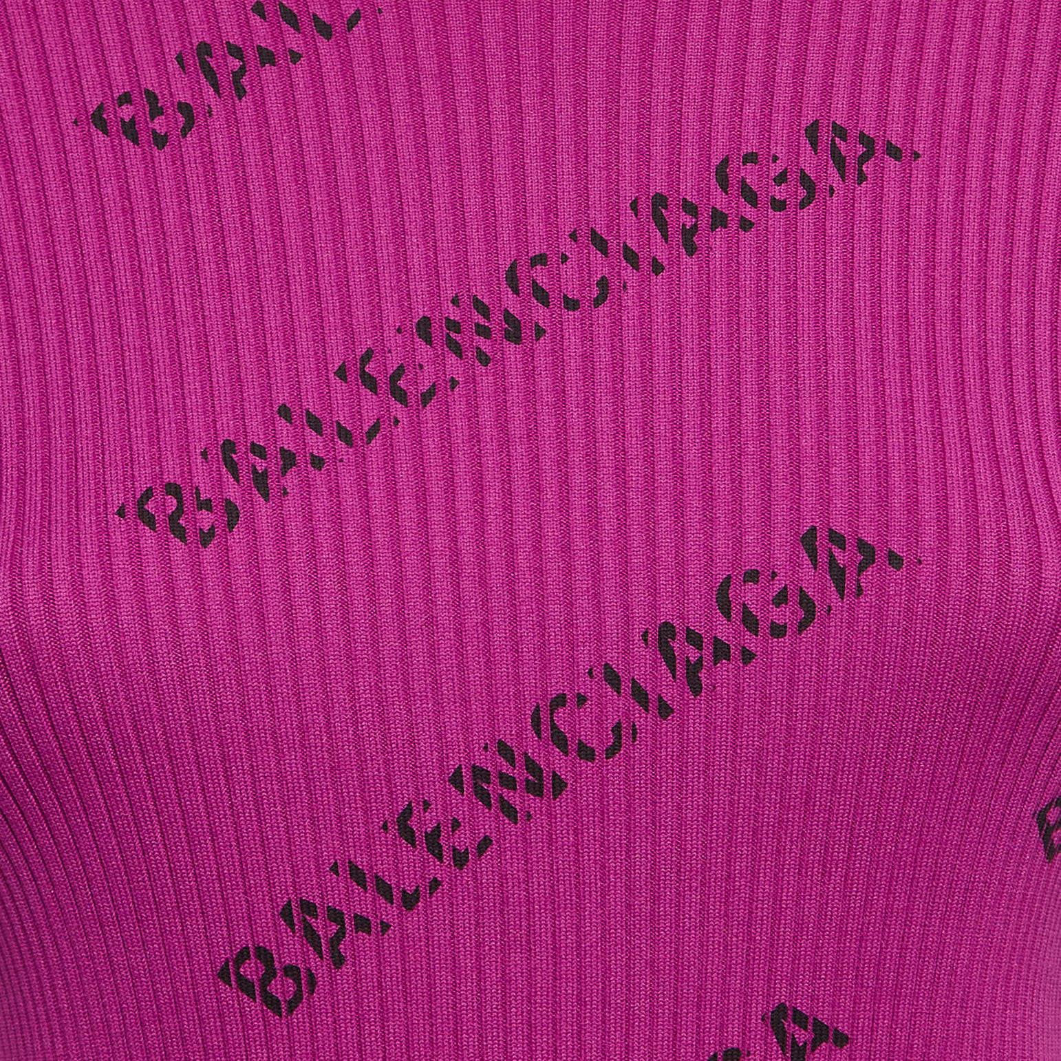 Balenciaga Purple Logo Print Rib Knit Full Sleeve T-Shirt S In Good Condition For Sale In Dubai, Al Qouz 2