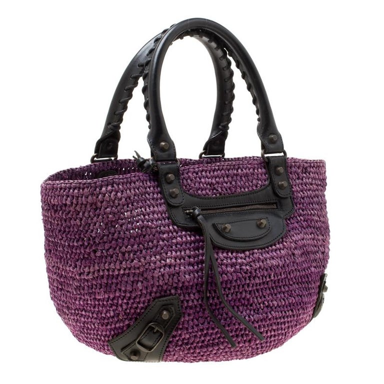 Balenciaga Purple Raffia Woven Panier Basket Bag For Sale at 1stDibs