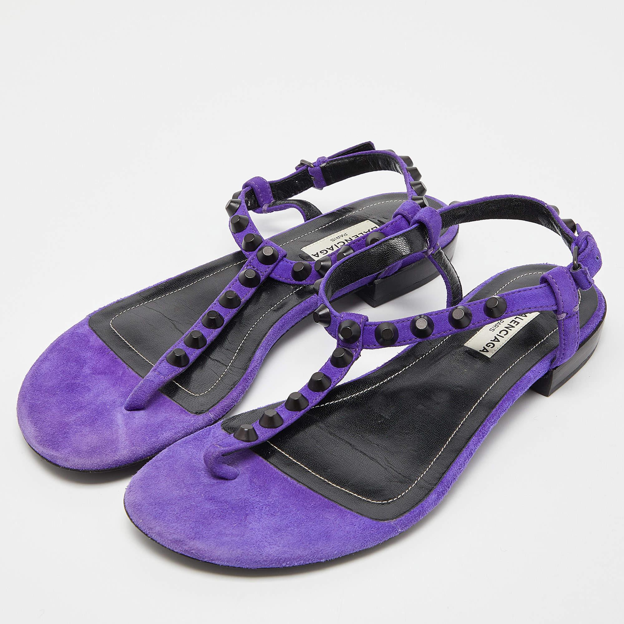 Women's Balenciaga Purple Suede Arena Studded Thong Sandals Size 38.5 For Sale