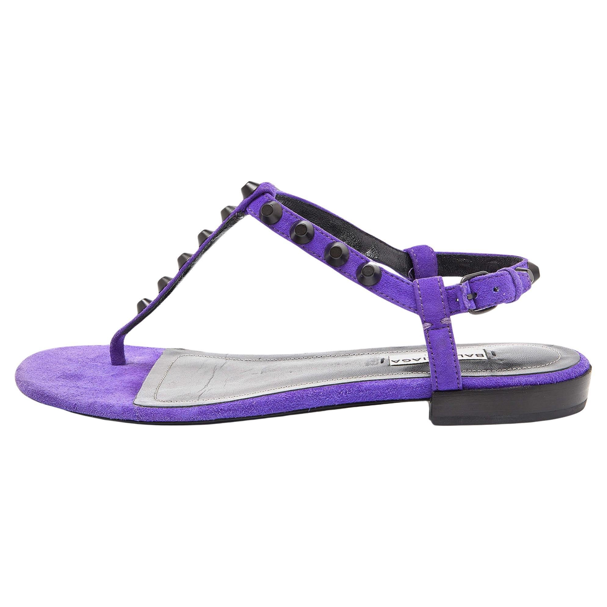 Balenciaga Purple Suede Arena Studded Thong Sandals Size 38.5 For Sale