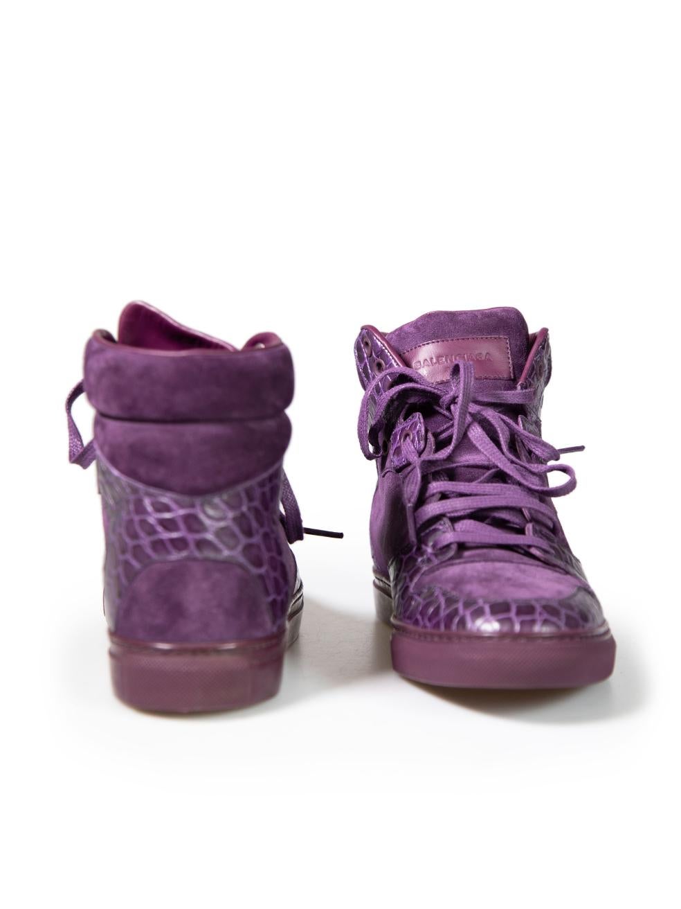 Balenciaga Purple Suede & Crocodile High Top Trainers Size IT 38 In Excellent Condition In London, GB