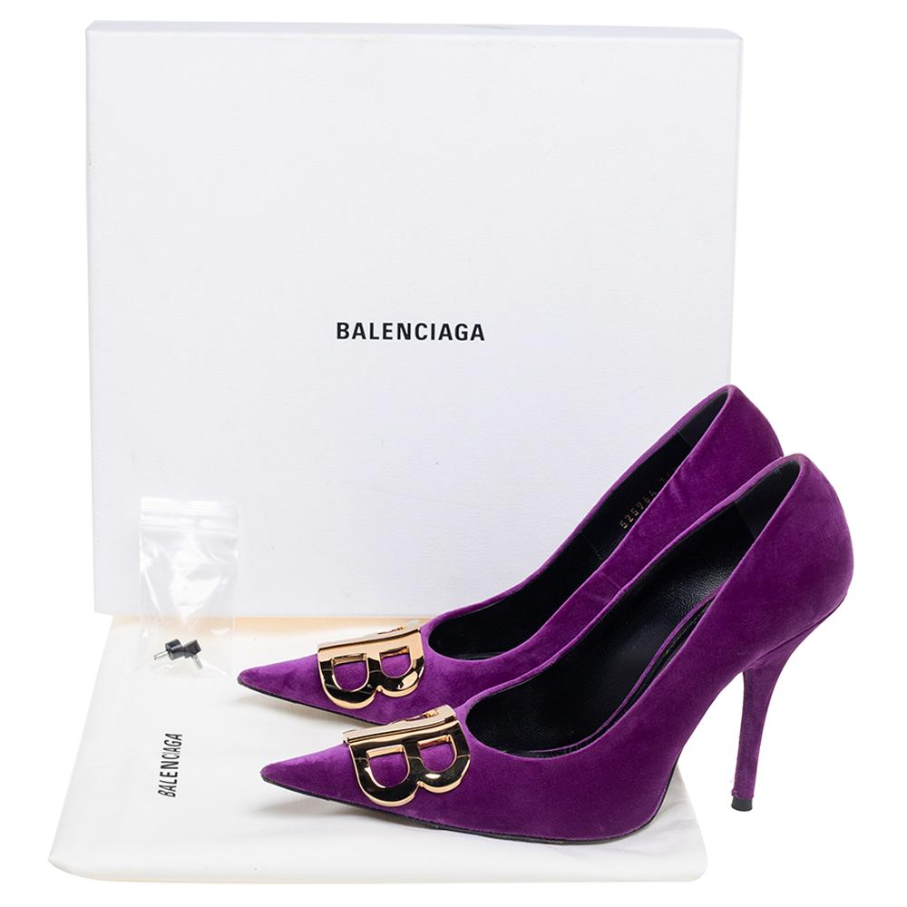 Balenciaga Purple Velvet BB Pointed Toe Pumps Size 36.5 2