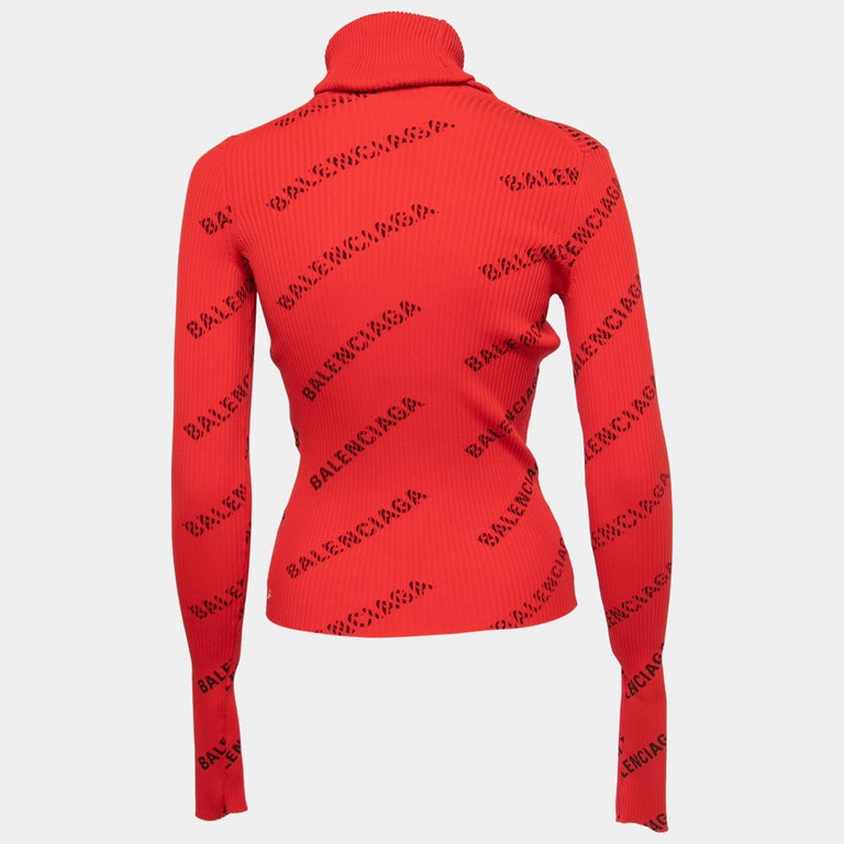 Balenciaga - Pull à capuche en maille côtelée avec imprimé logo rouge « All  Over » XS sur 1stDibs