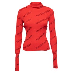 Balenciaga Red All Over Logo Print Rib Knit Hooded Pullover XS