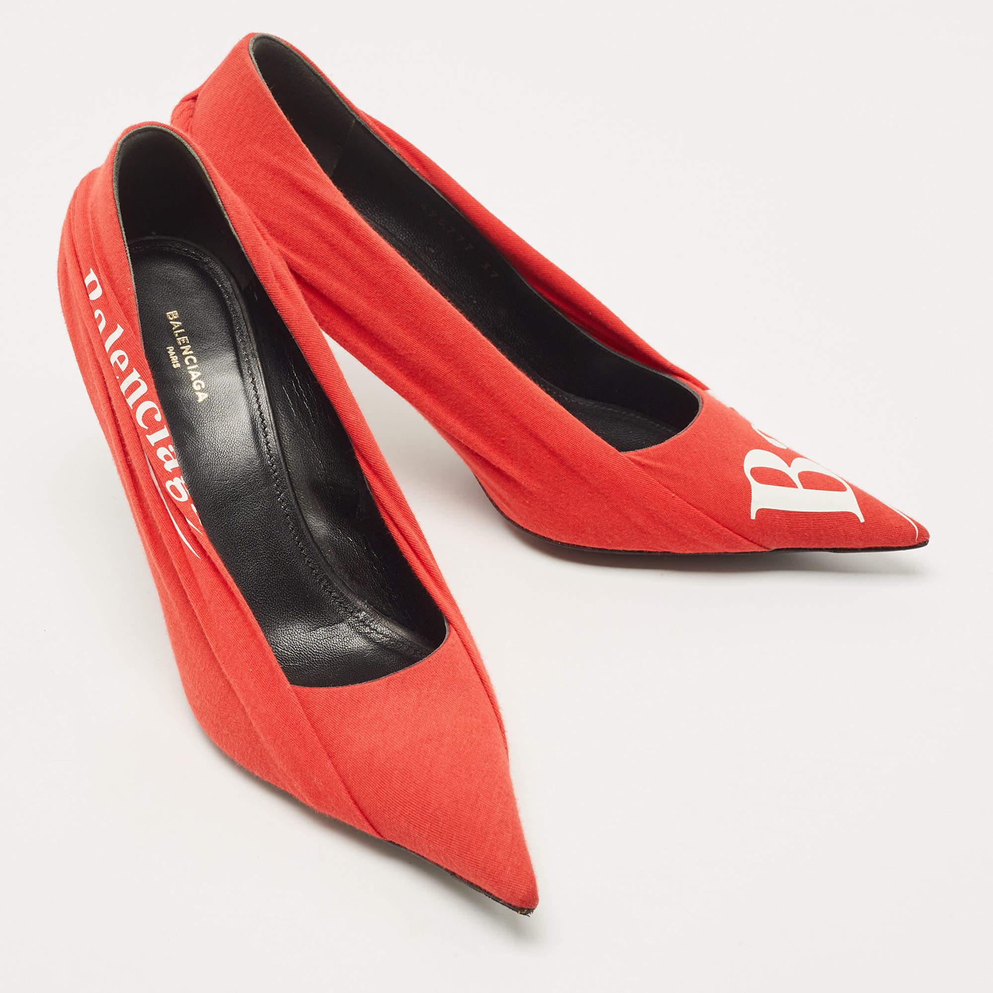 Balenciaga Red/Black Fabric and Leather Logo Knife Pumps Size 37 1