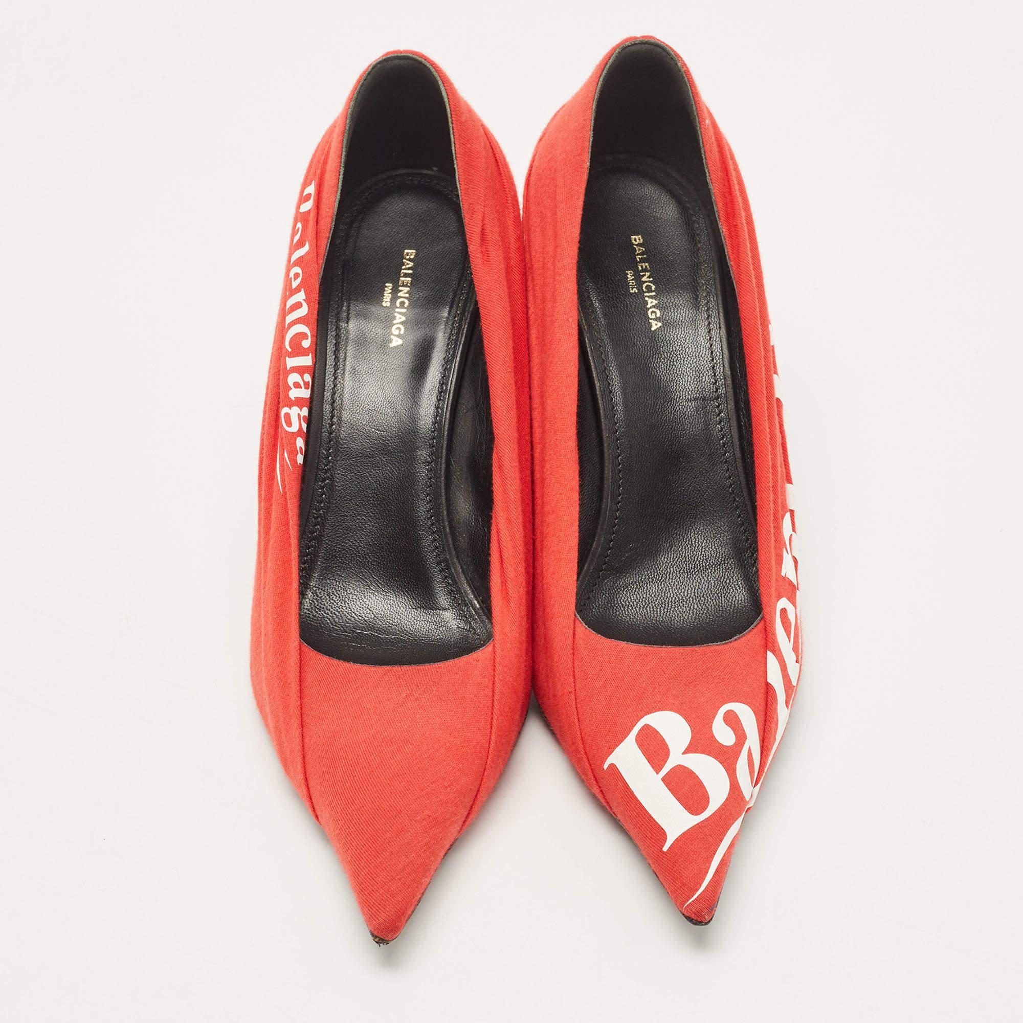 Balenciaga Red/Black Fabric and Leather Logo Knife Pumps Size 37 2
