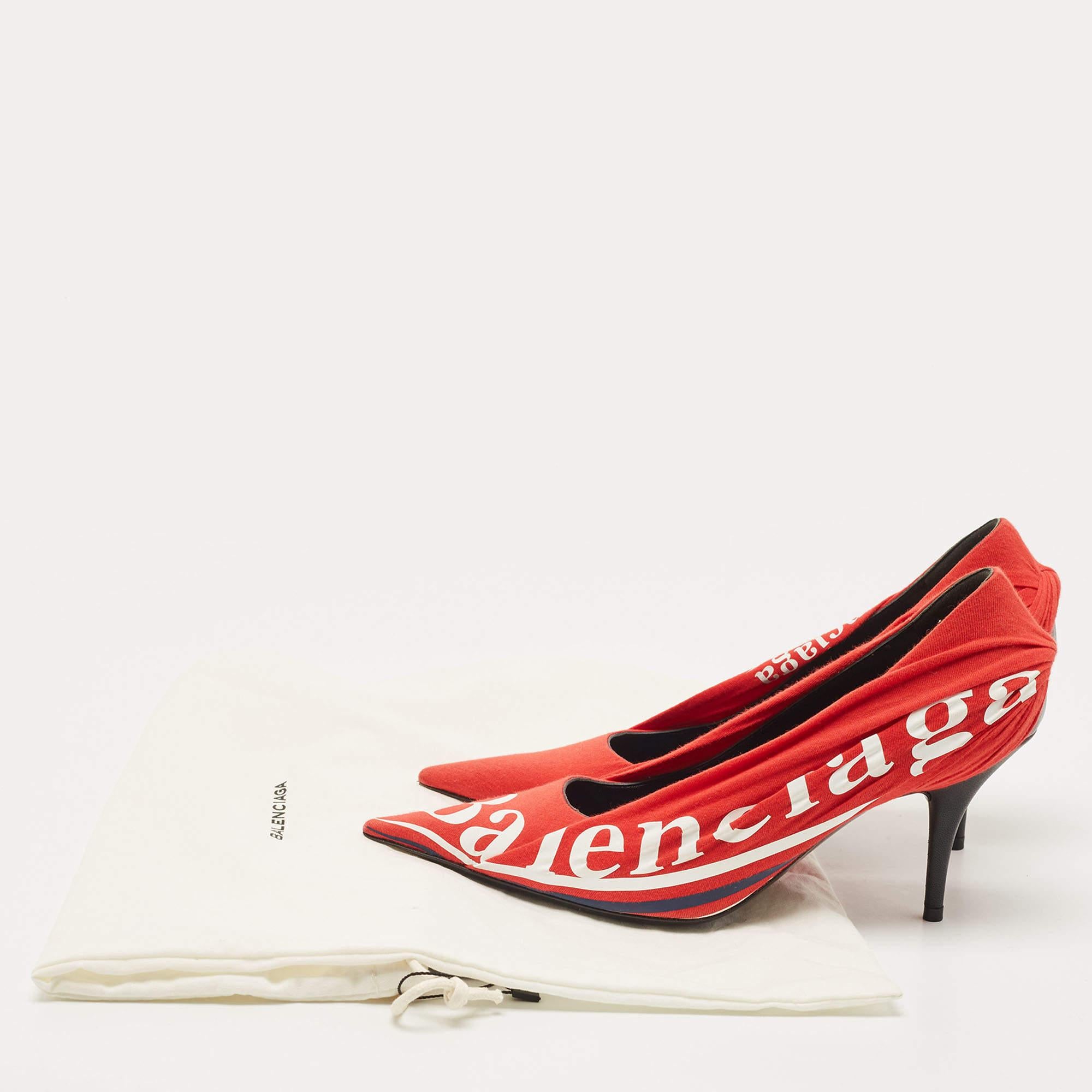 Balenciaga Red/Black Fabric and Leather Logo Knife Pumps Size 37 5