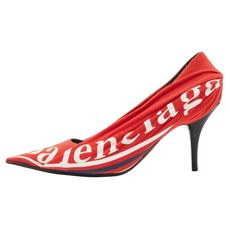 Balenciaga Red/Black Fabric and Leather Logo Knife Pumps Size 37 For Sale  at 1stDibs