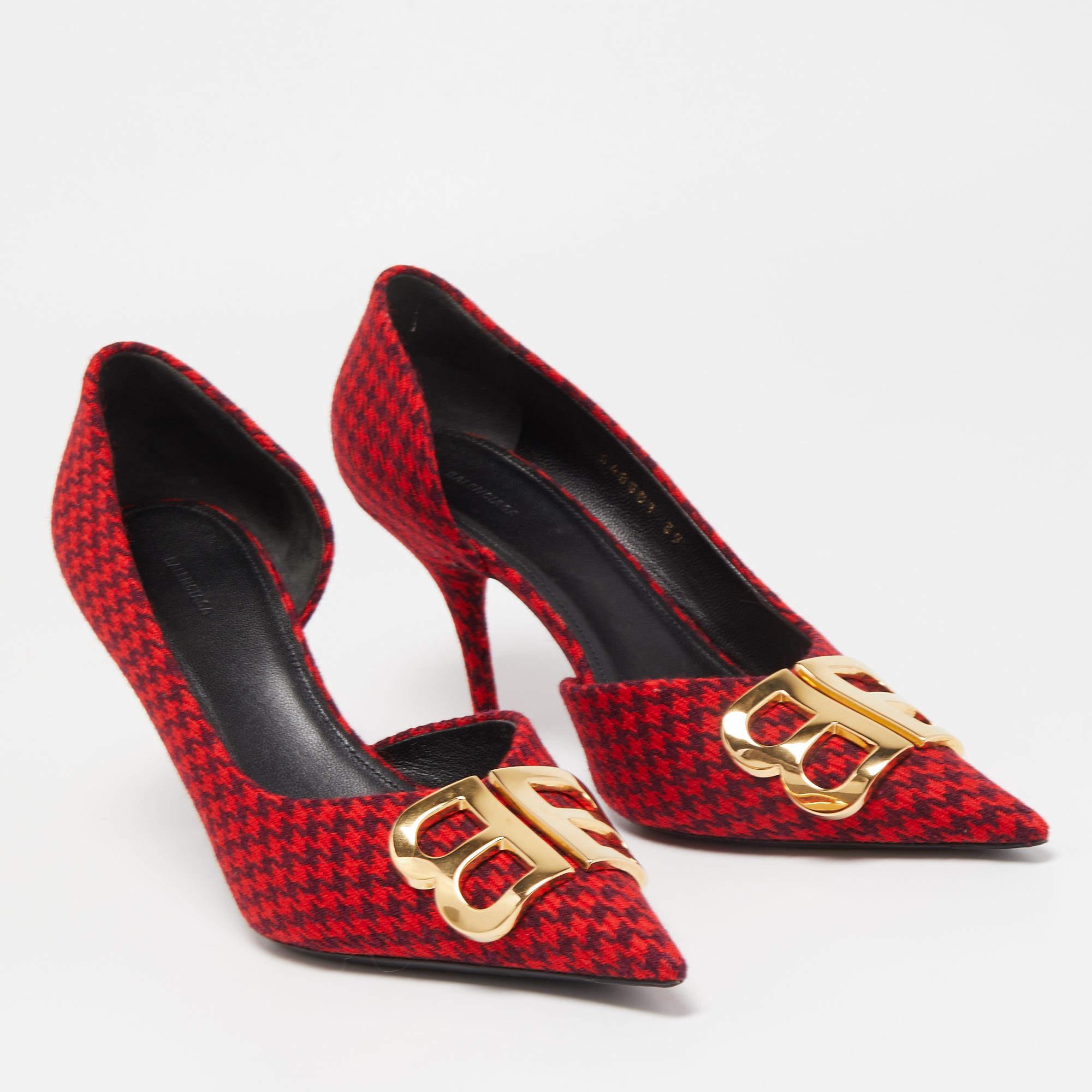 Women's Balenciaga Red/Black Houndstooth Tweed BB Pointy Pumps Size 39