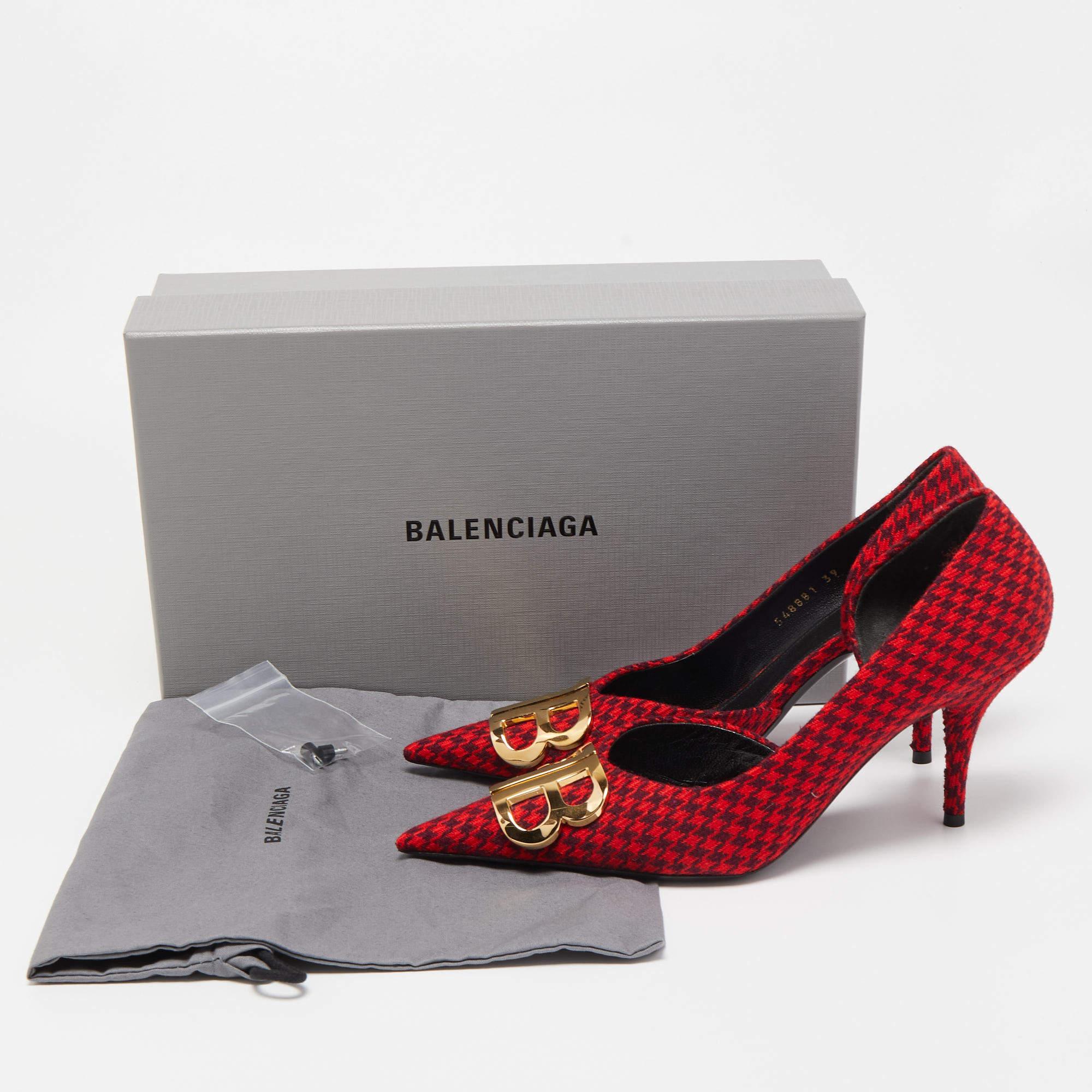 Balenciaga Red/Black Houndstooth Tweed BB Pointy Pumps Size 39 2