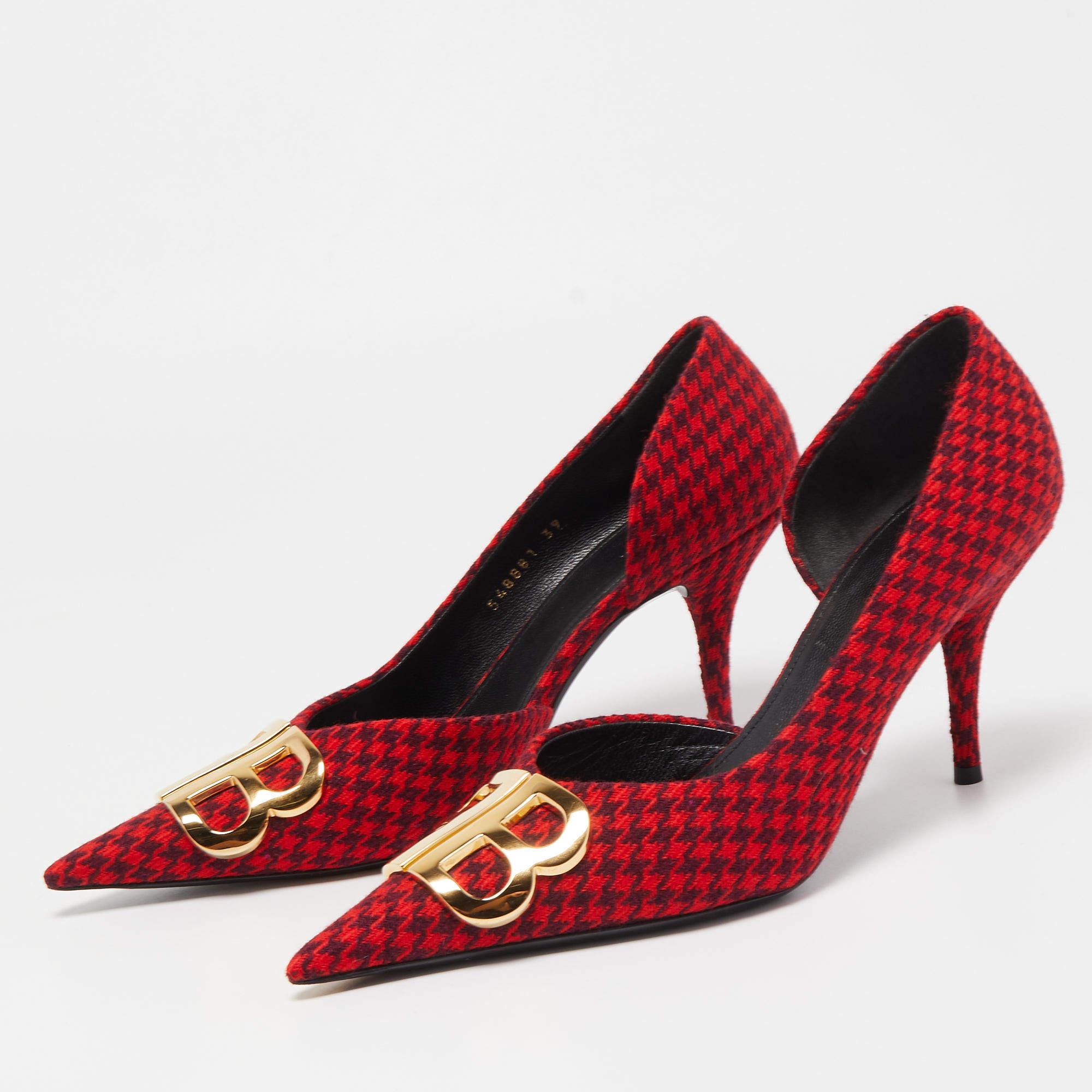 Balenciaga Red/Black Houndstooth Tweed BB Pointy Pumps Size 39 3
