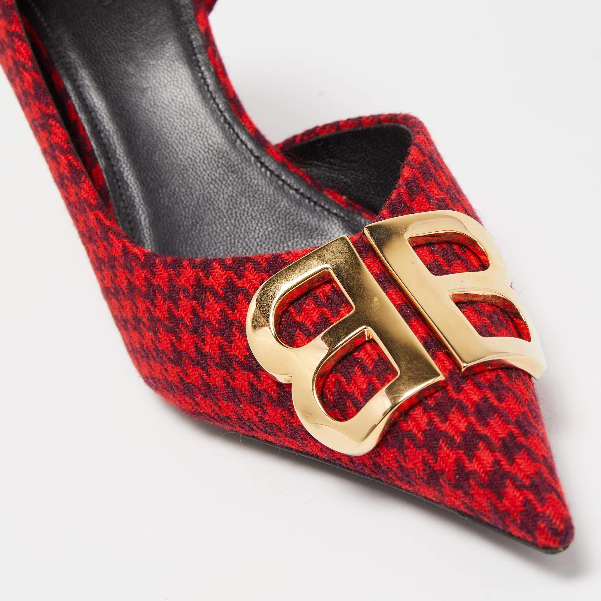 Balenciaga Red/Black Houndstooth Tweed BB Pointy Pumps Size 39 5