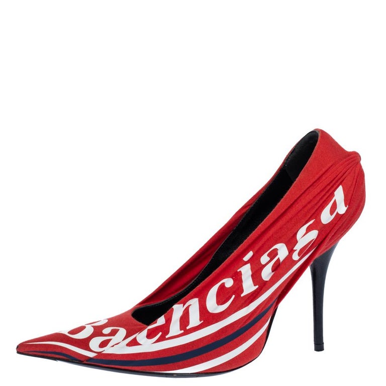 Balenciaga Red Fabric And Leather Knife Logo Pointed Toe Pumps Size 37 at  1stDibs