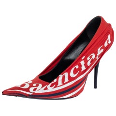 Balenciaga Red Fabric And Leather Knife Logo Pointed Toe Pumps Size 37