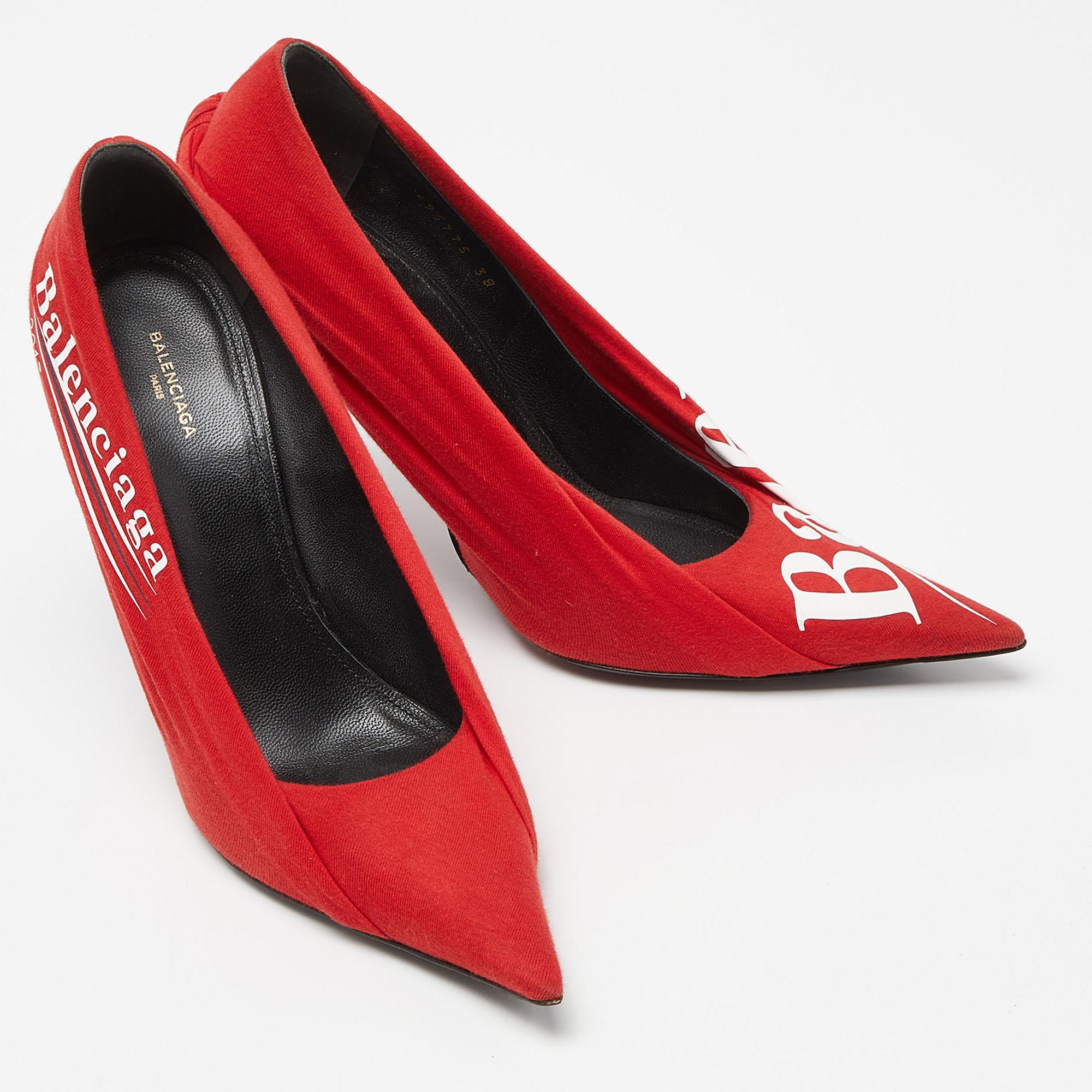 Balenciaga Red Fabric And Leather Knife Logo Pointed Toe Pumps Size 38 For Sale 1