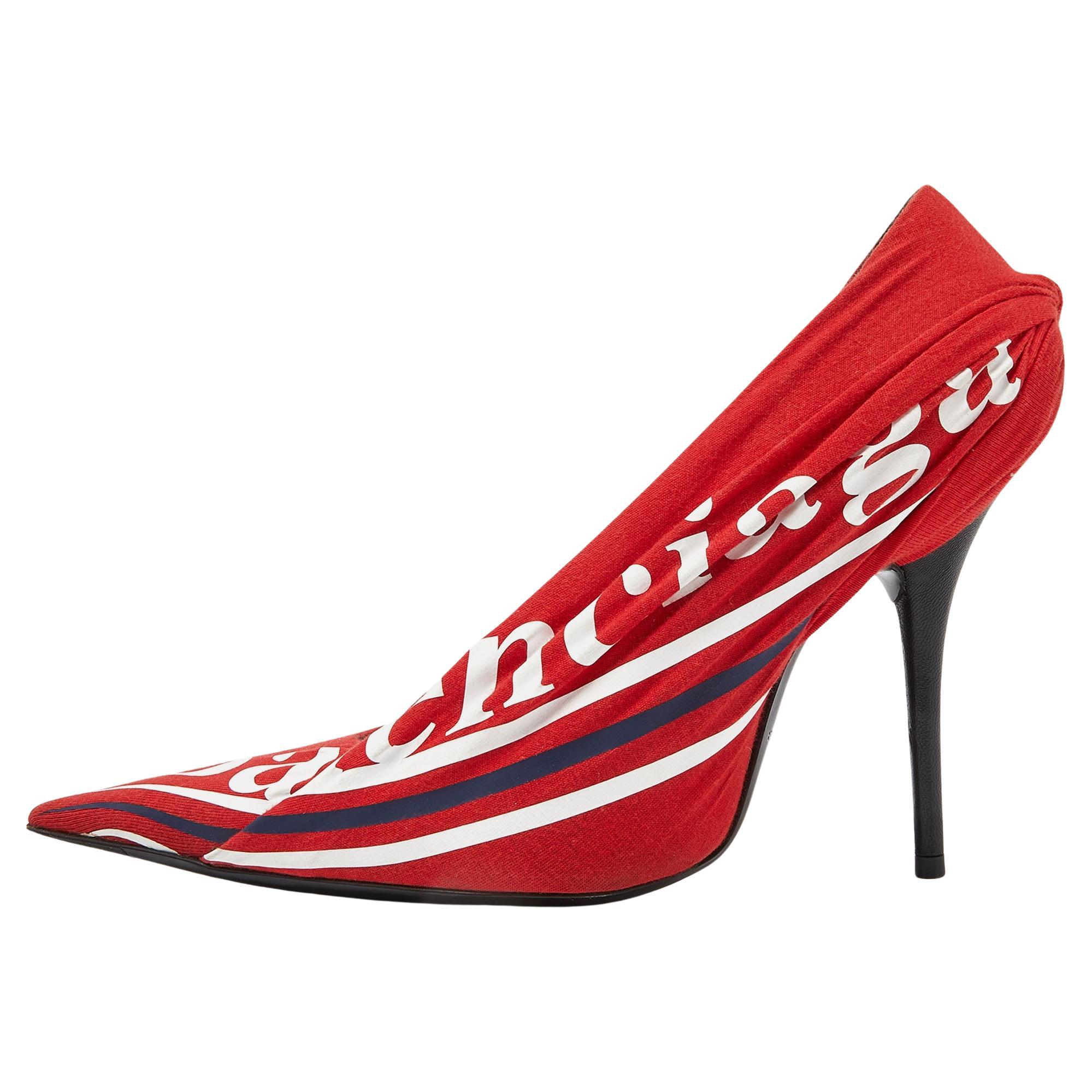 Balenciaga Red Fabric And Leather Knife Logo Pointed Toe Pumps Size 38 For Sale
