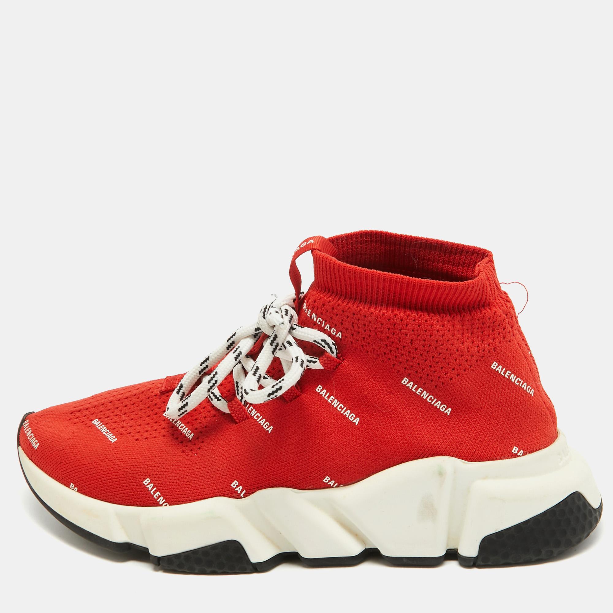 Balenciaga Red Knit Fabric Speed High Top Sneakers Size 36 For Sale 2