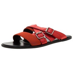 Balenciaga Red Leather And Canvas Flat Sandals Size 43