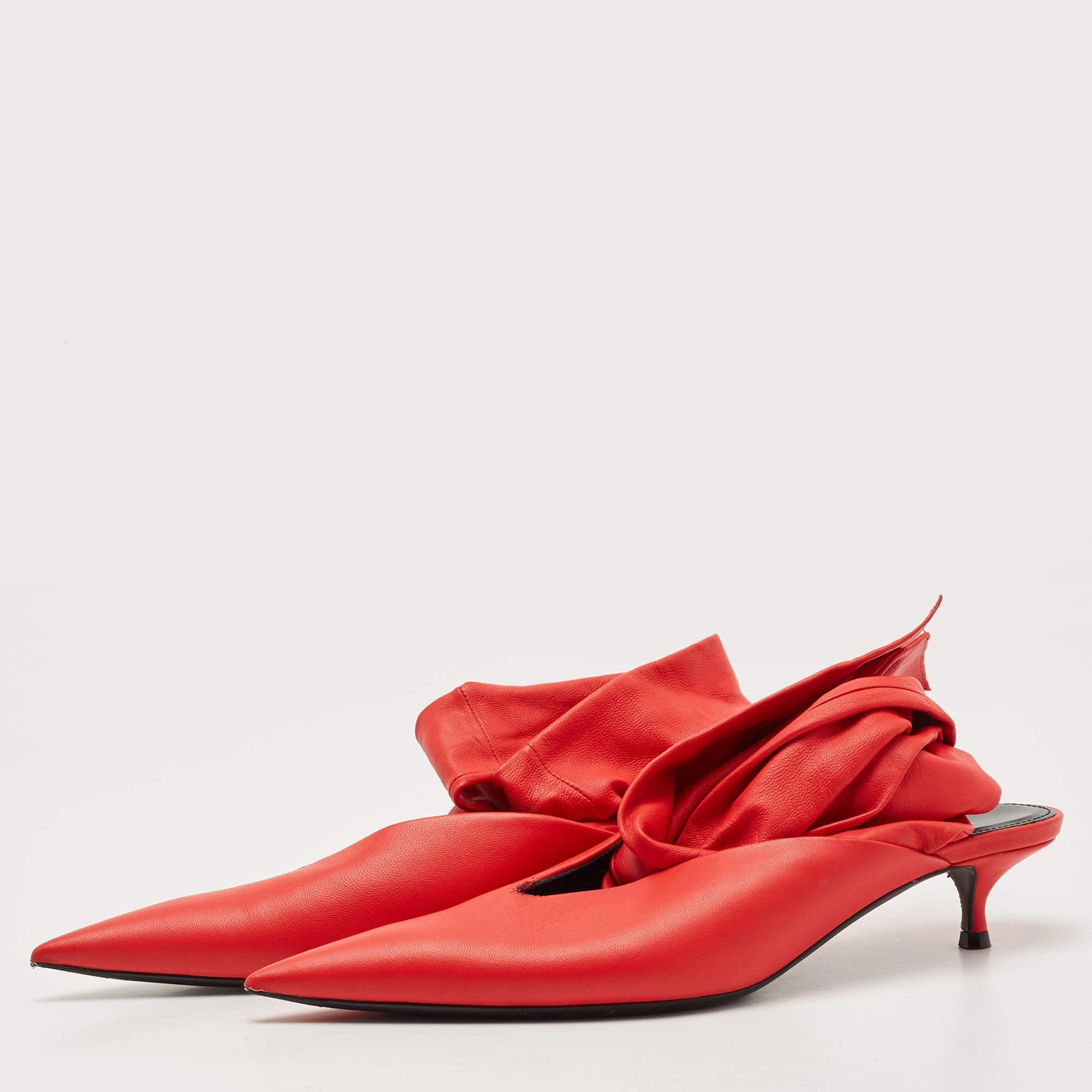 Balenciaga Red Leather Knife Pointed Toe Ankle Wrap Pumps Size 38 For Sale 2