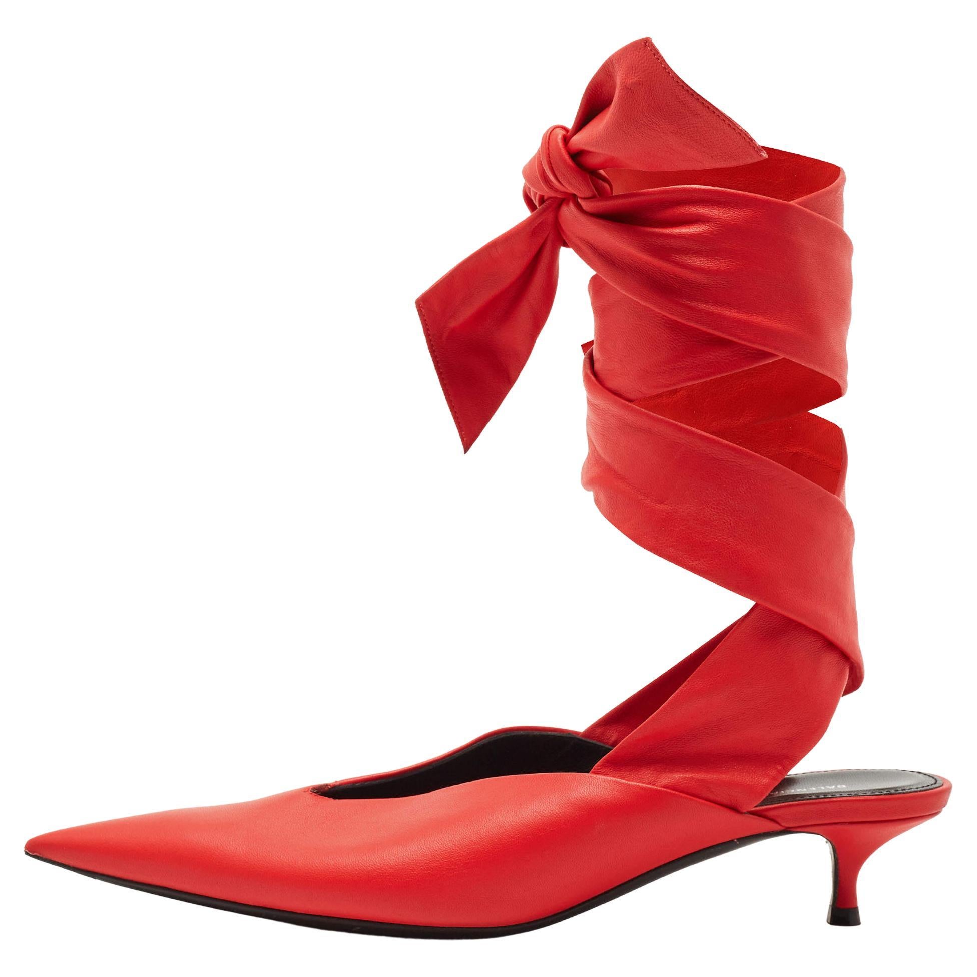 Balenciaga Red Leather Knife Pointed Toe Ankle Wrap Pumps Size 38 For Sale