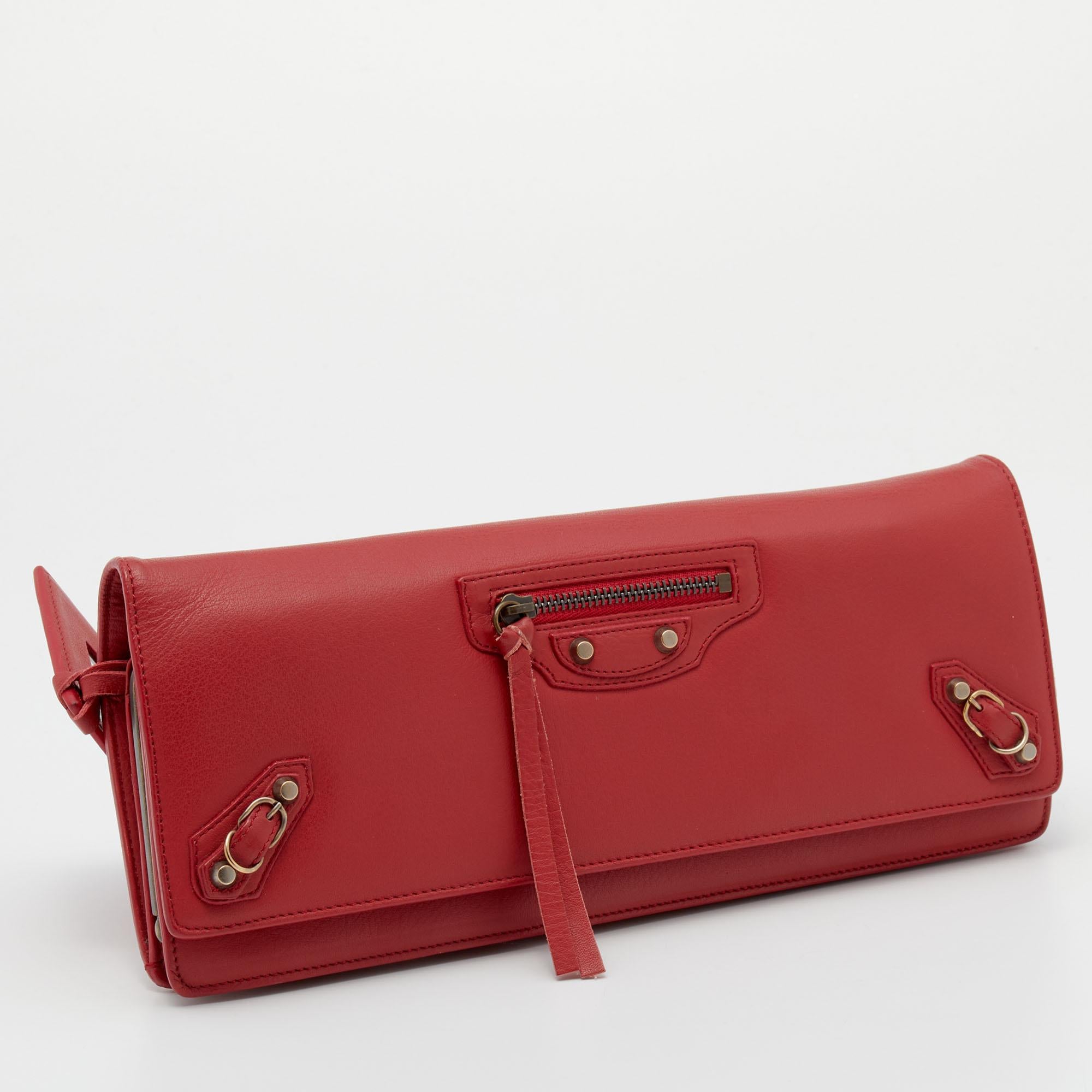 red leather clutch