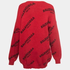 Balenciaga Red Logo Intarsia Knit Wool Oversize Jumper S