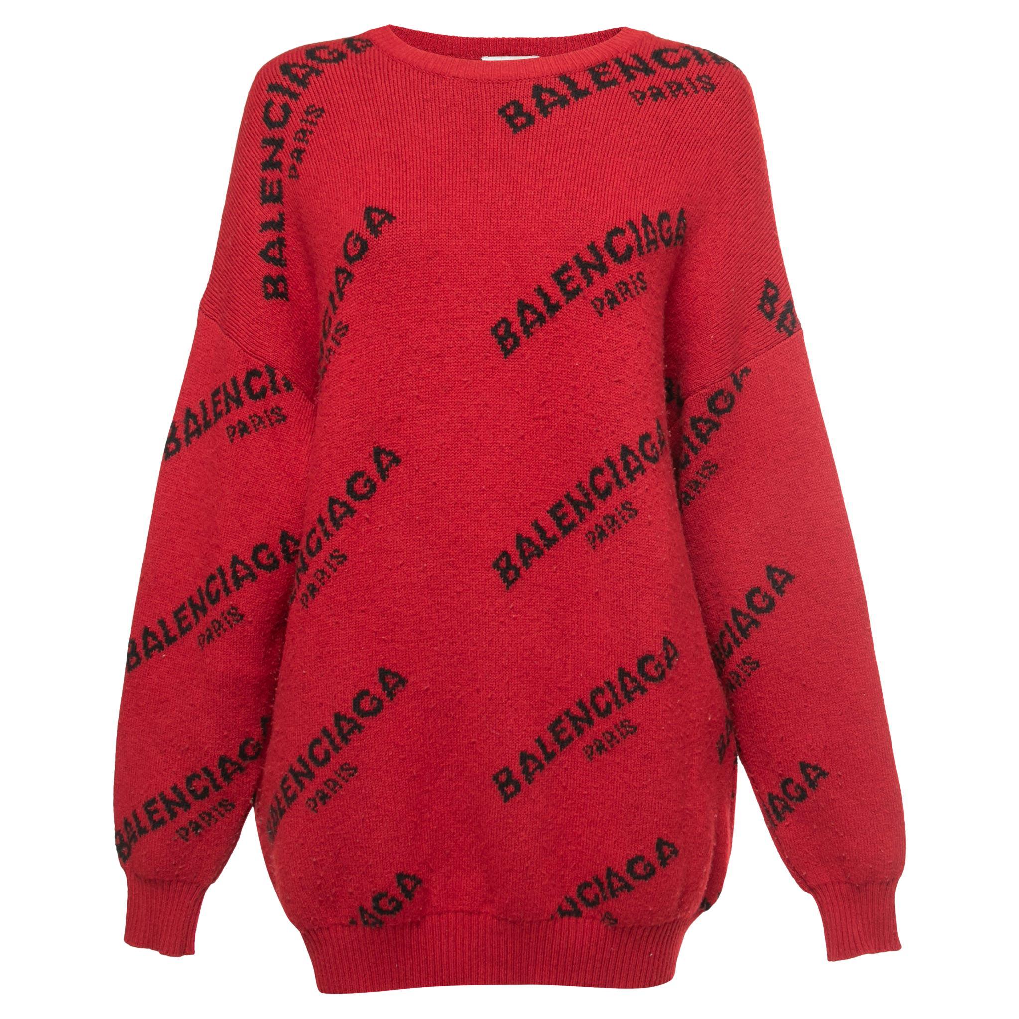 Balenciaga Red Logo Intarsia Knit Wool Oversize Jumper S at 1stDibs