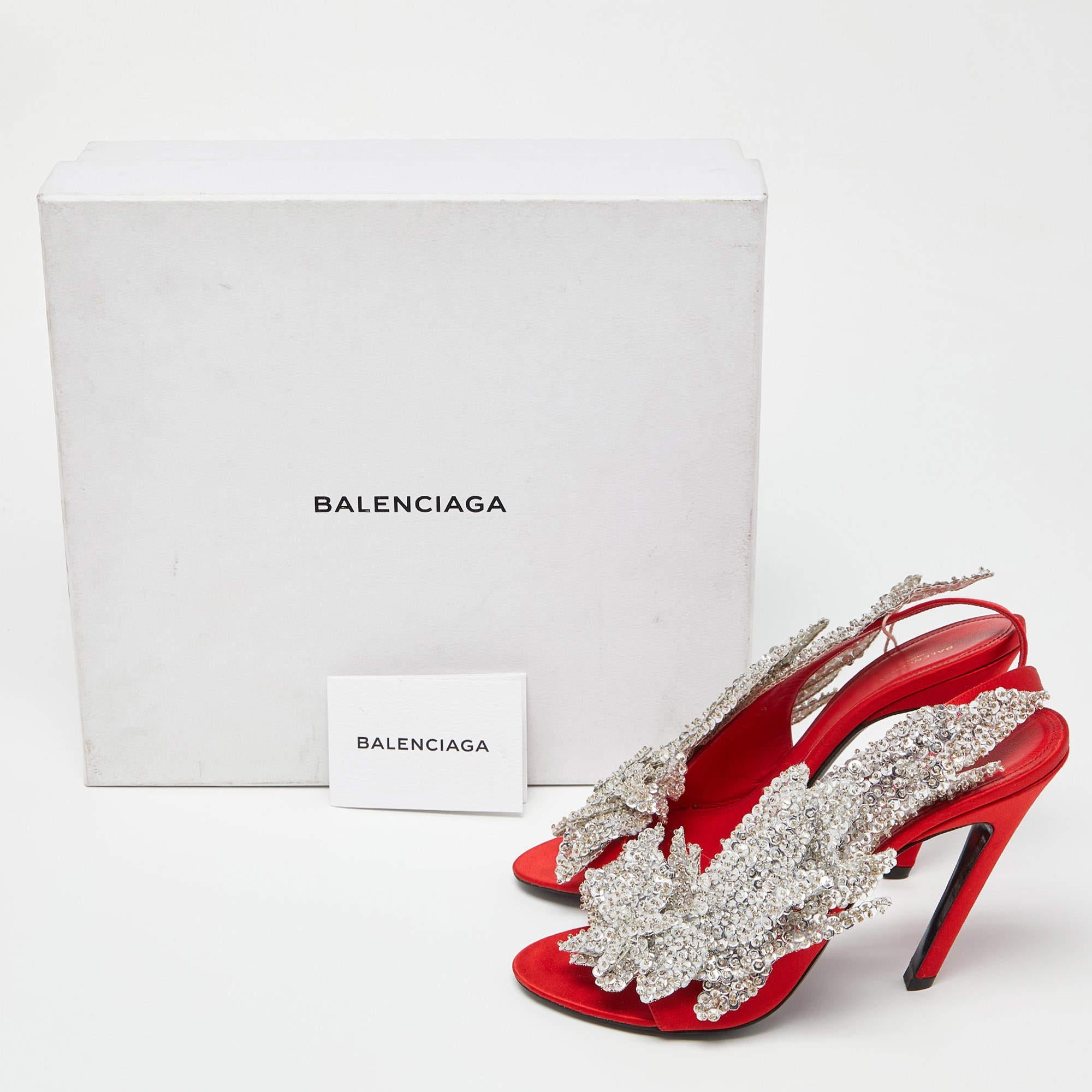 Balenciaga Red Satin Leather Beaded/Sequins Embellished Ankle Strap Sandals Size 4