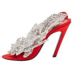 Balenciaga Red Satin Leather Beaded/Sequins Embellished Ankle Strap Sandals Size