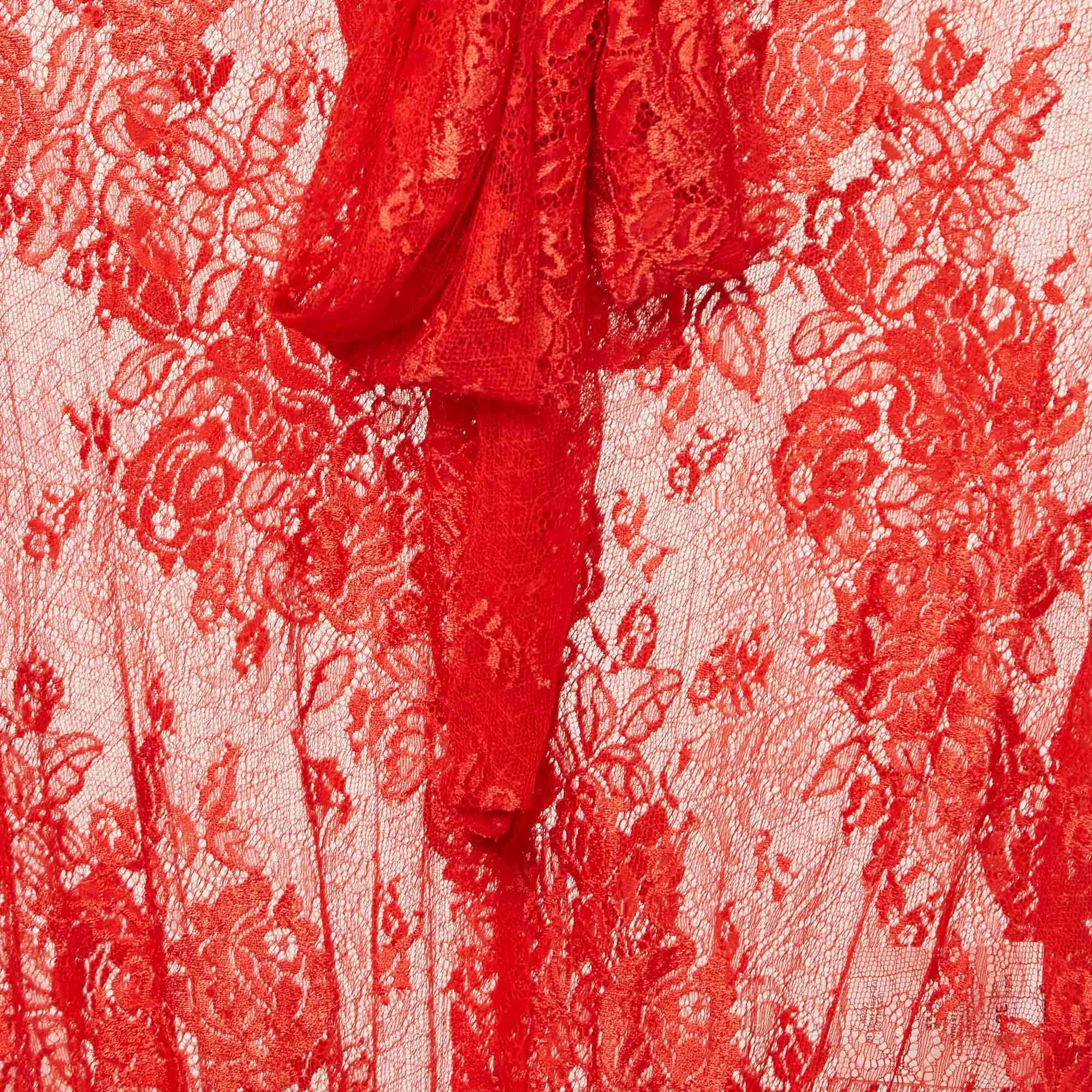 Balenciaga Red Sheer Lace Neck Tie-Up Top M In Good Condition For Sale In Dubai, Al Qouz 2