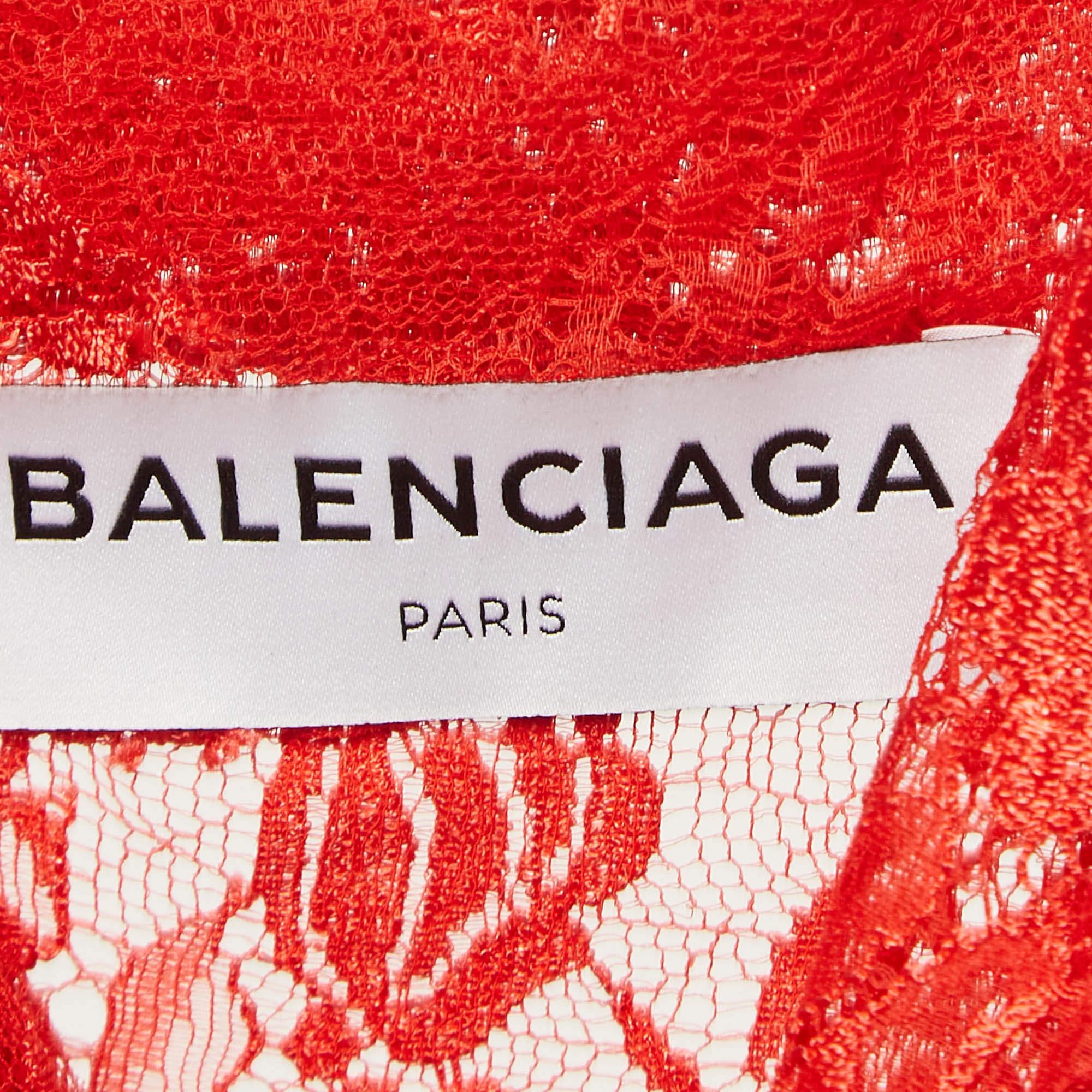 Women's Balenciaga Red Sheer Lace Neck Tie-Up Top M For Sale