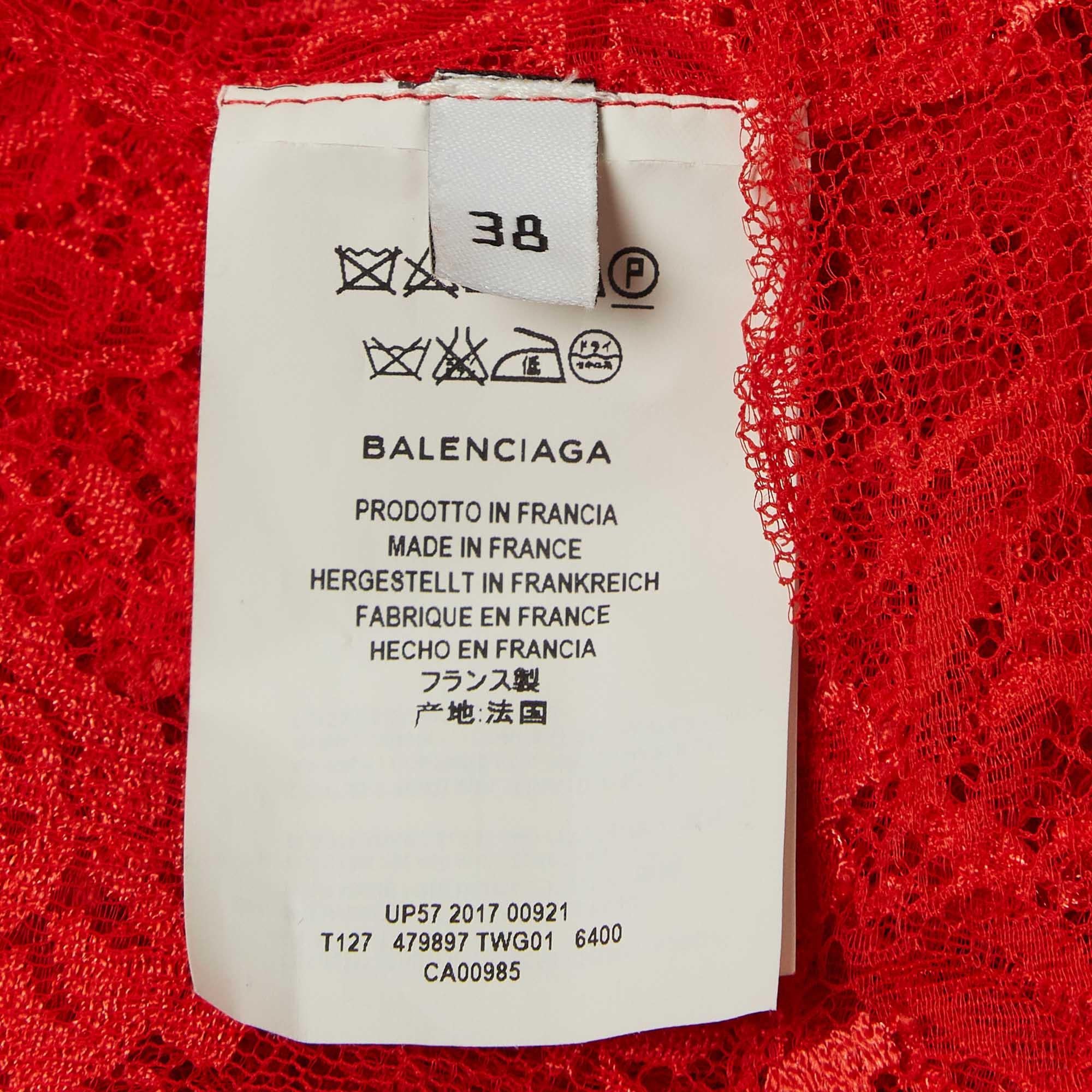 Balenciaga Red Sheer Lace Neck Tie-Up Top M For Sale 1