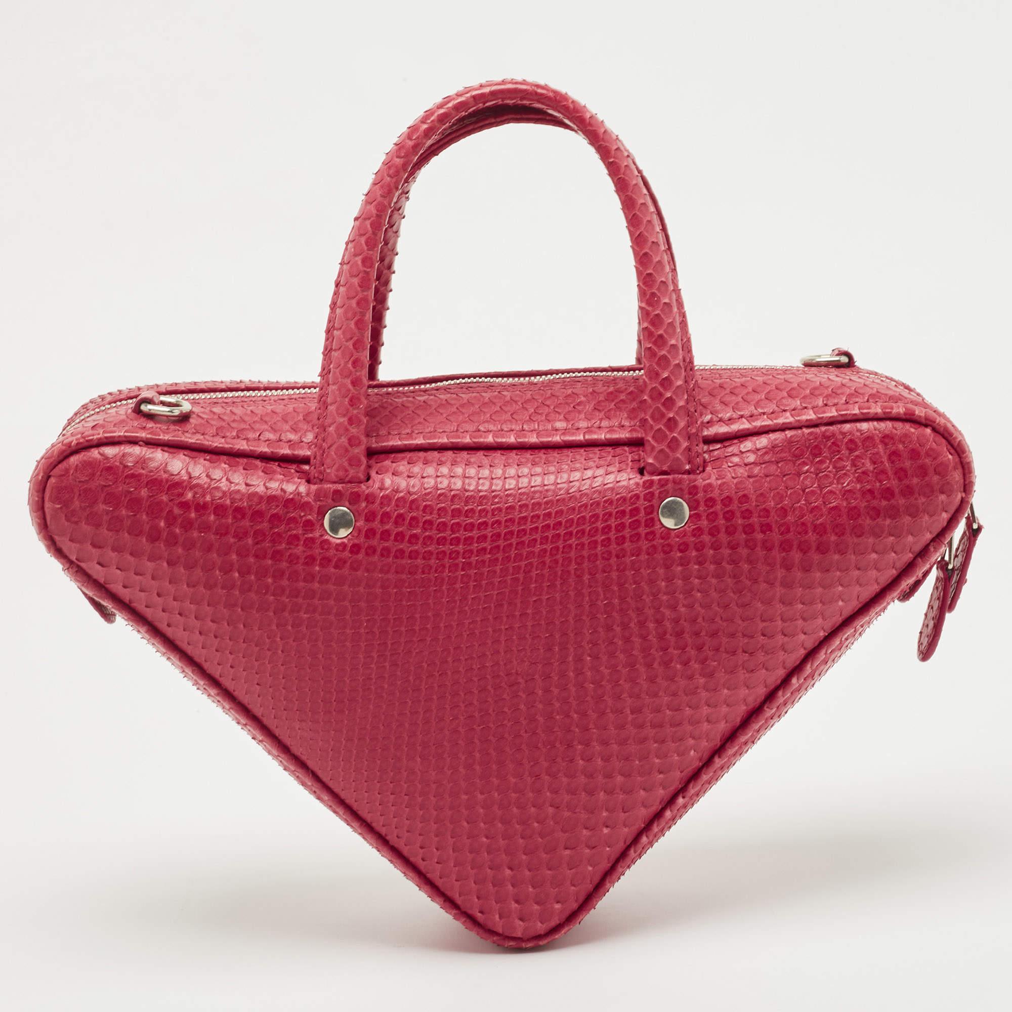 Balenciaga Red Snakeskin Leather XS Chain Triangle Duffle Bag In Good Condition In Dubai, Al Qouz 2