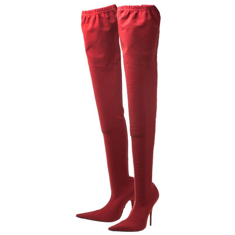 Balenciaga Red Stretch Fabric Knife Pointed Toe Thigh High Boots Size 40 For Sale at 1stDibs