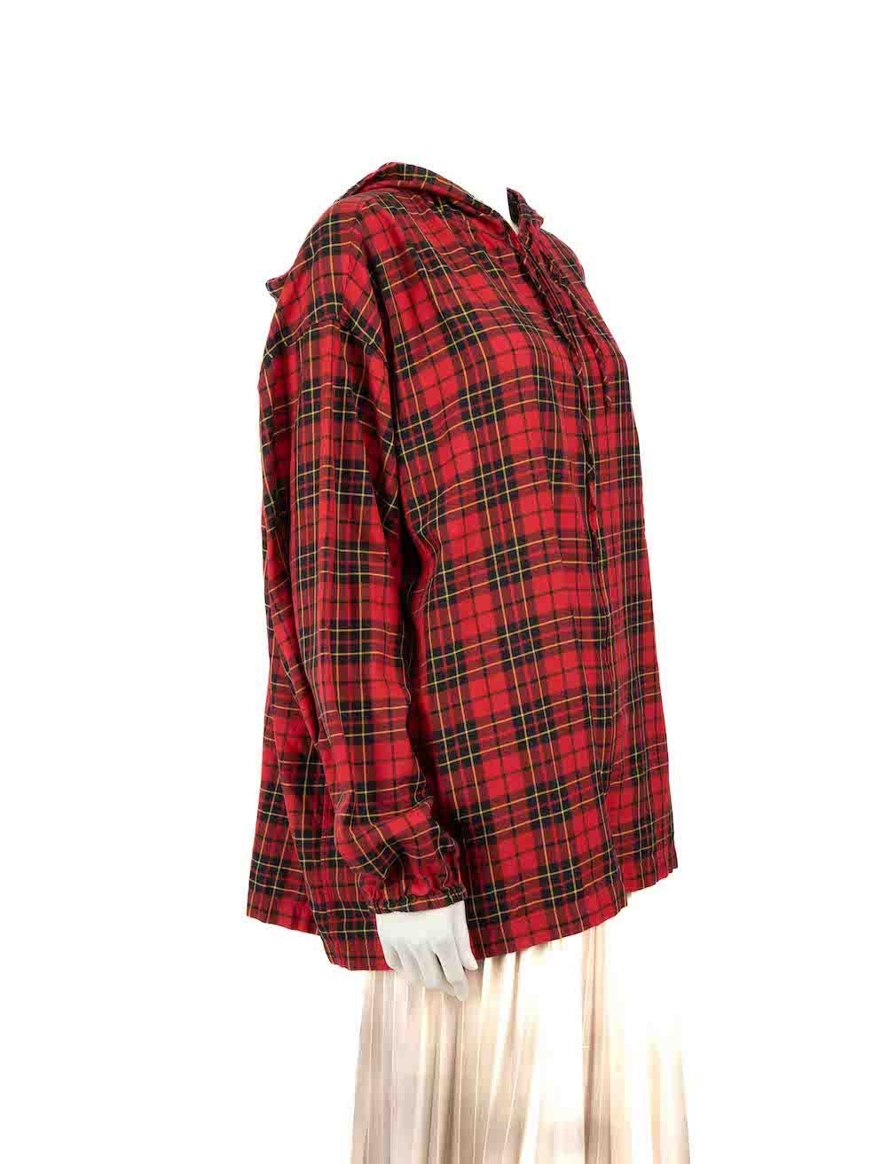 CONDITION is Very good. Hardly any visible wear to jacket is evident on this used Balenciaga designer resale item.
 
 
 
 Details
 
 
 Red
 
 Cotton
 
 Jacket
 
 Tartan print
 
 Zip fastening
 
 Hooded
 
 1x Front pocket
 
 
 
 
 
 Made in Italy
 
