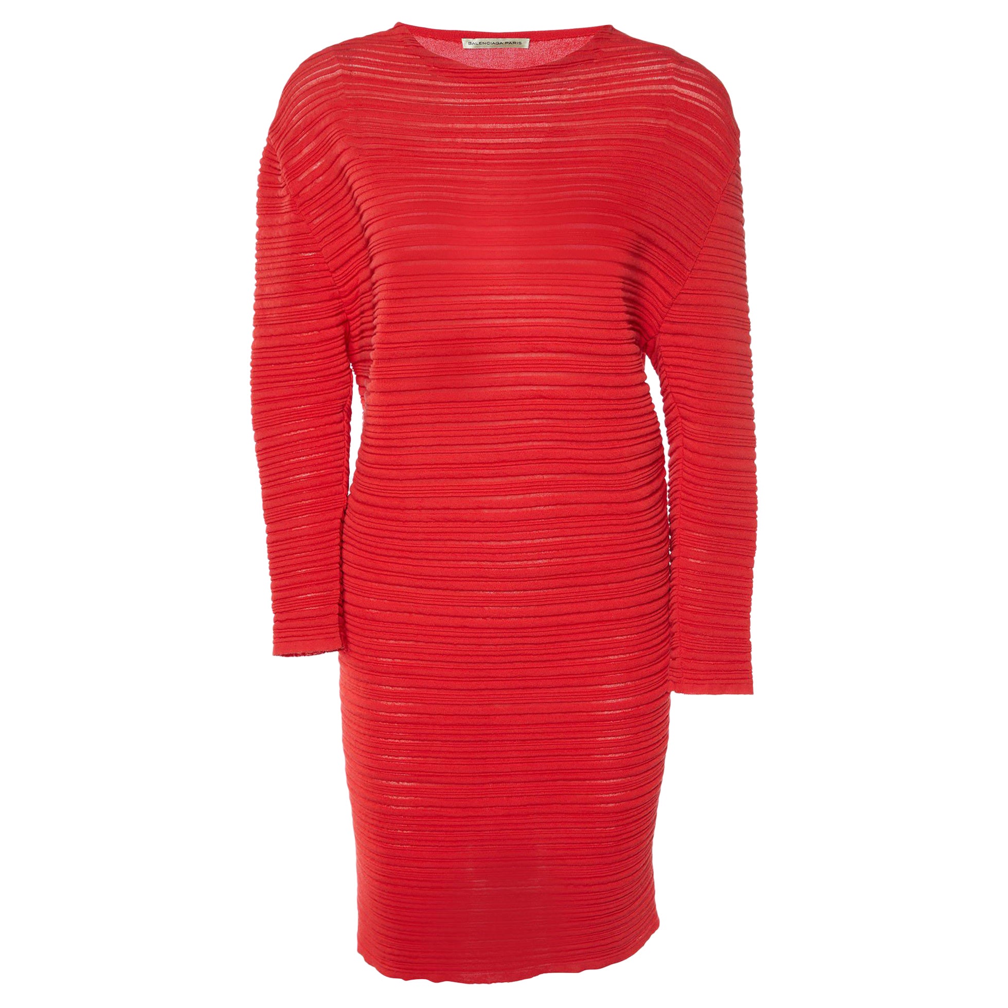 Balenciaga Red Textured Rib Knit Knee-Length Dress S